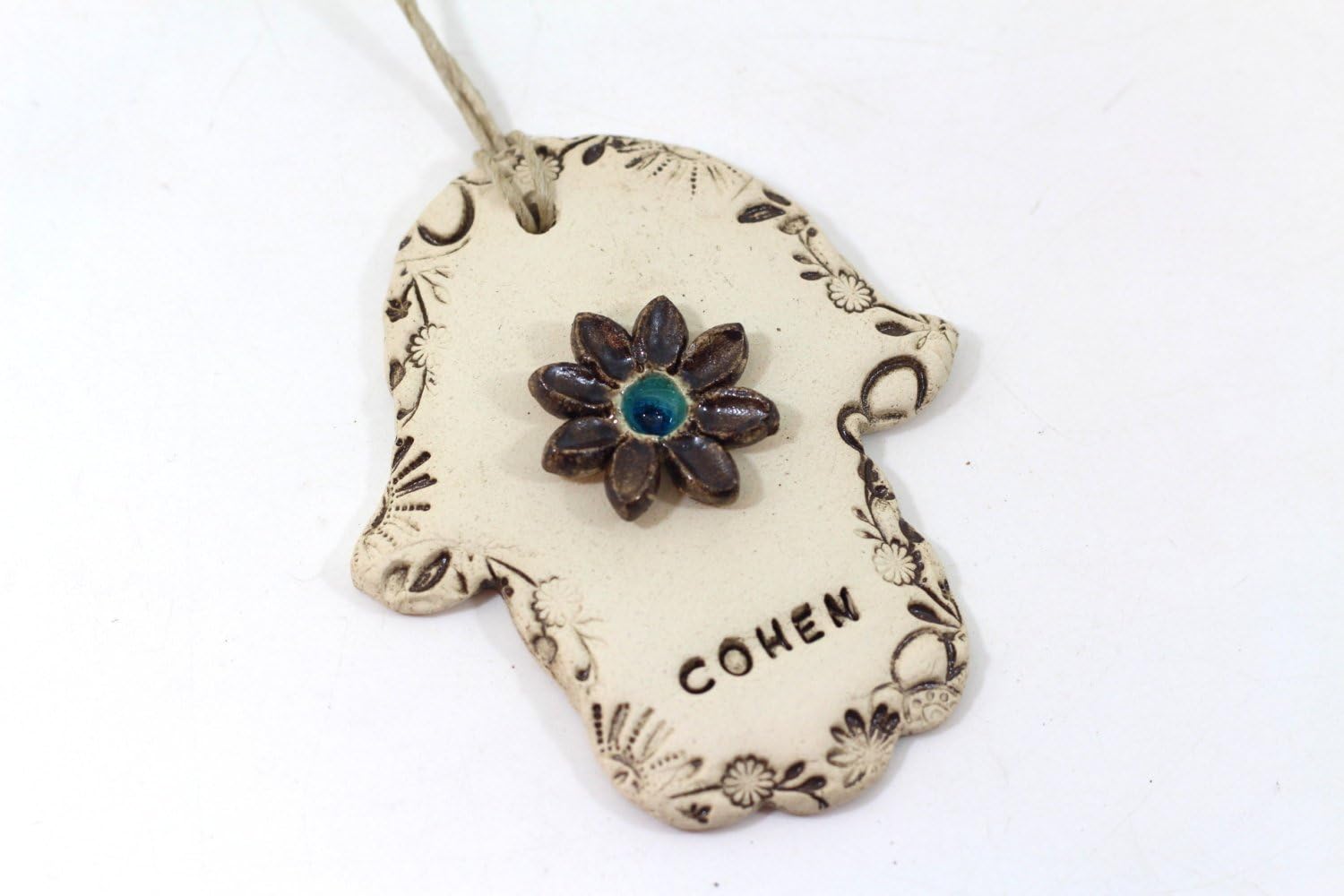 Handmade Personalized Ceramic Hamsa and Brown flower Wall Hanging