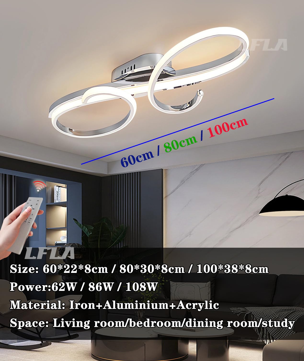 Dimmbar LED Deckenleuchte Moderne Wohnzimmerlampe mit Memory Funktion Deckenlampe Energiesparlampe Schlafzimmer Esszimmer Büro Beleuchtung mit Fernbedienung 3000-6000K (Chrom, L60cm-62W)