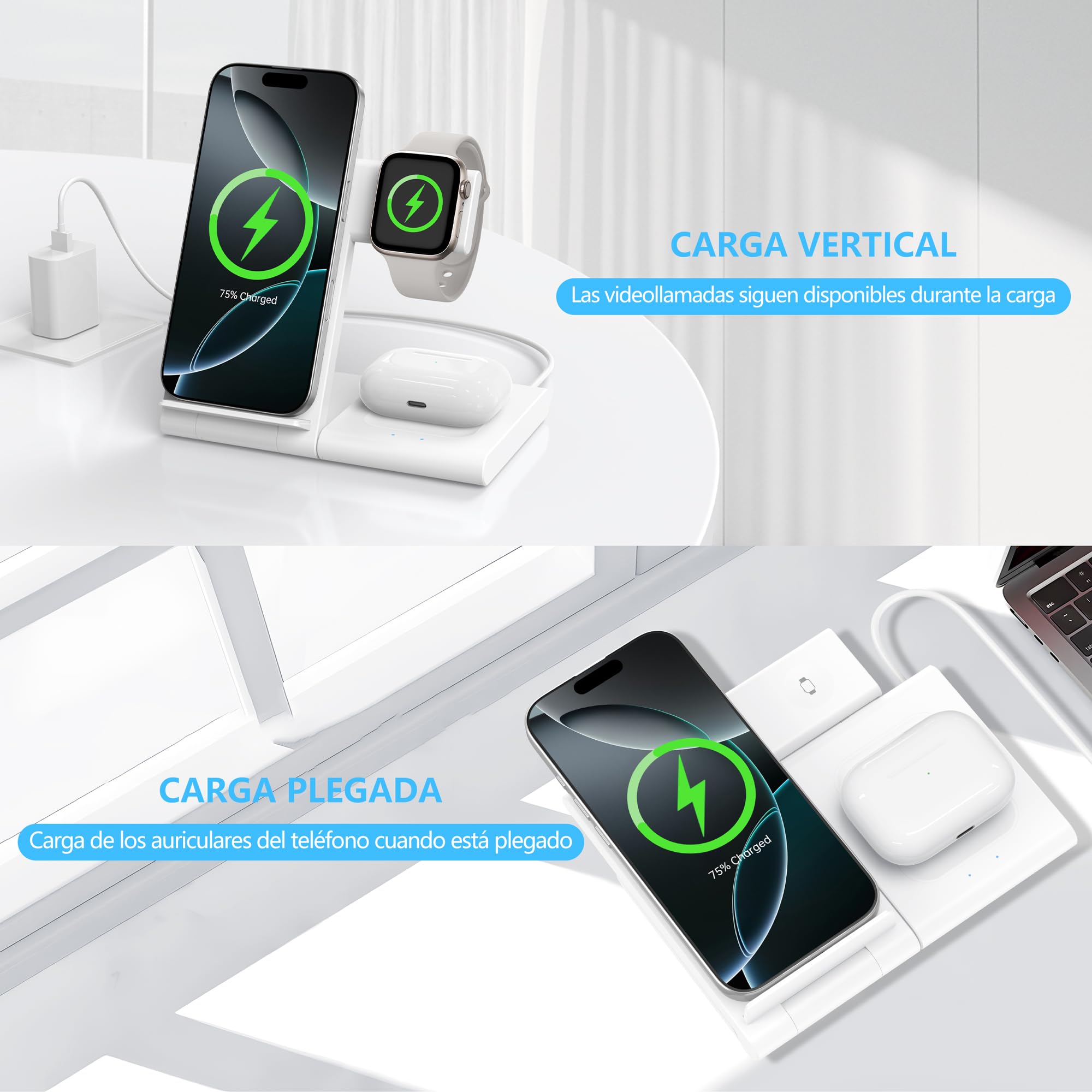 Cargador Inalámbrico 3 en 1 para iPhone 17/16/15/14/13/12, Estación de Carga Rápida 15W para Apple Watch Ultra/SE/Serie y AirPods Pro, Base Plegable de Escritorio y Mesilla