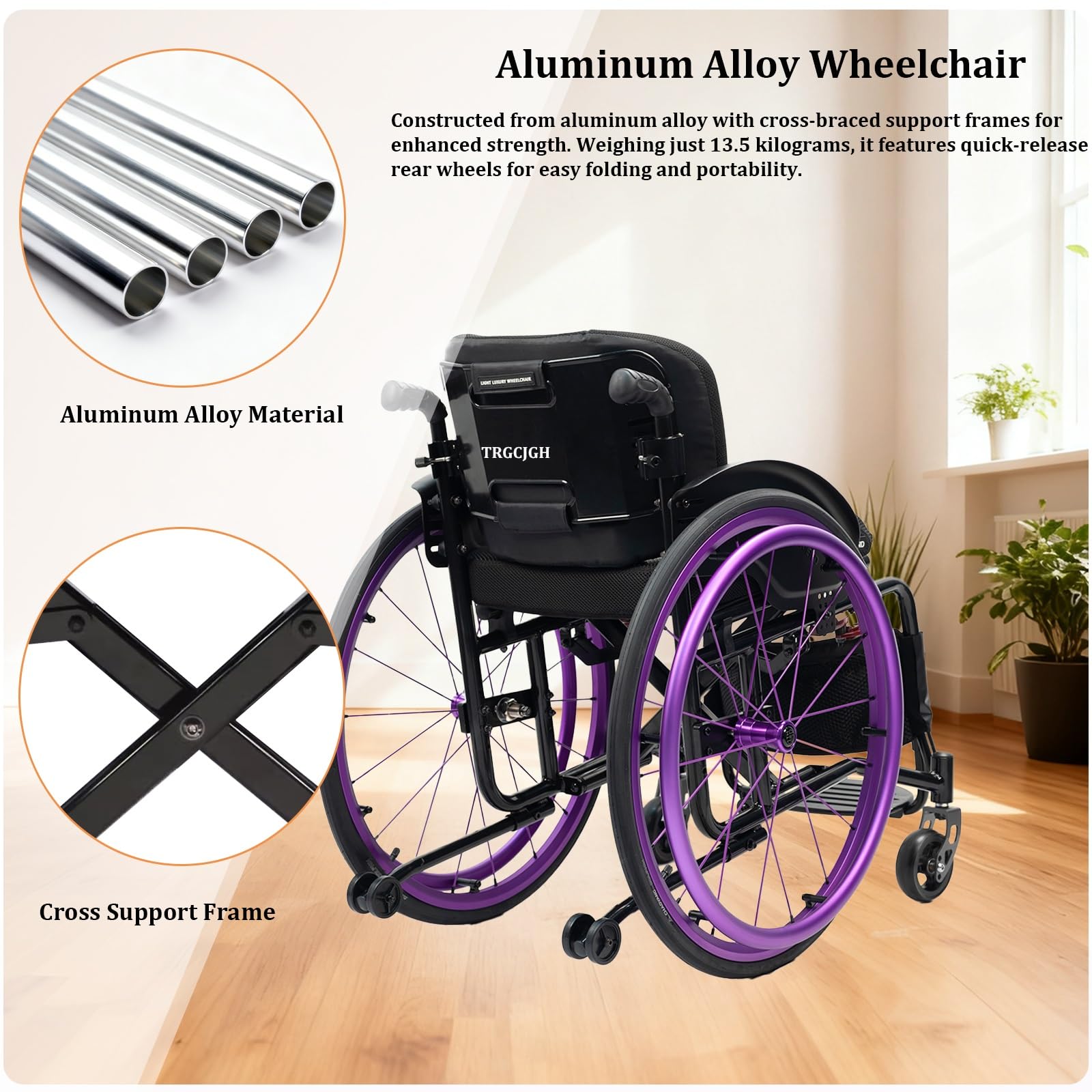 Sedia a rotelle pieghevole, di trasferimento, alluminio, ultraleggero, poggiapiedi pieghevoli, freno manuale, portatile(nero, 14.9in Seat Width)