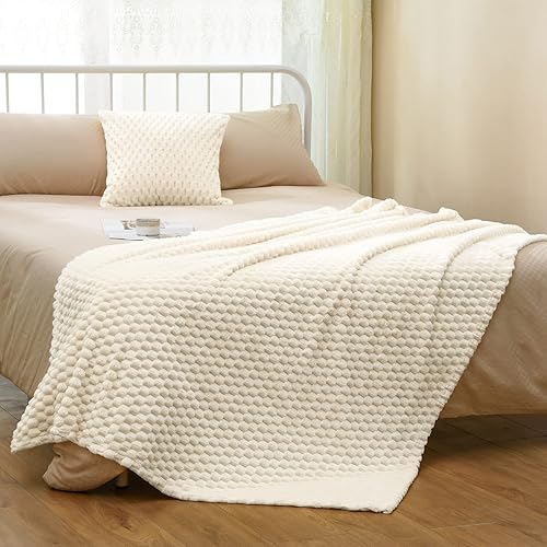 Miniatura 2 de Vessia Manta de franela de forro polar (50 x 71 pulgadas) con funda de almohada (18 x 18 pulgadas), manta jacquard 3D crema mullida para sofá, cama,