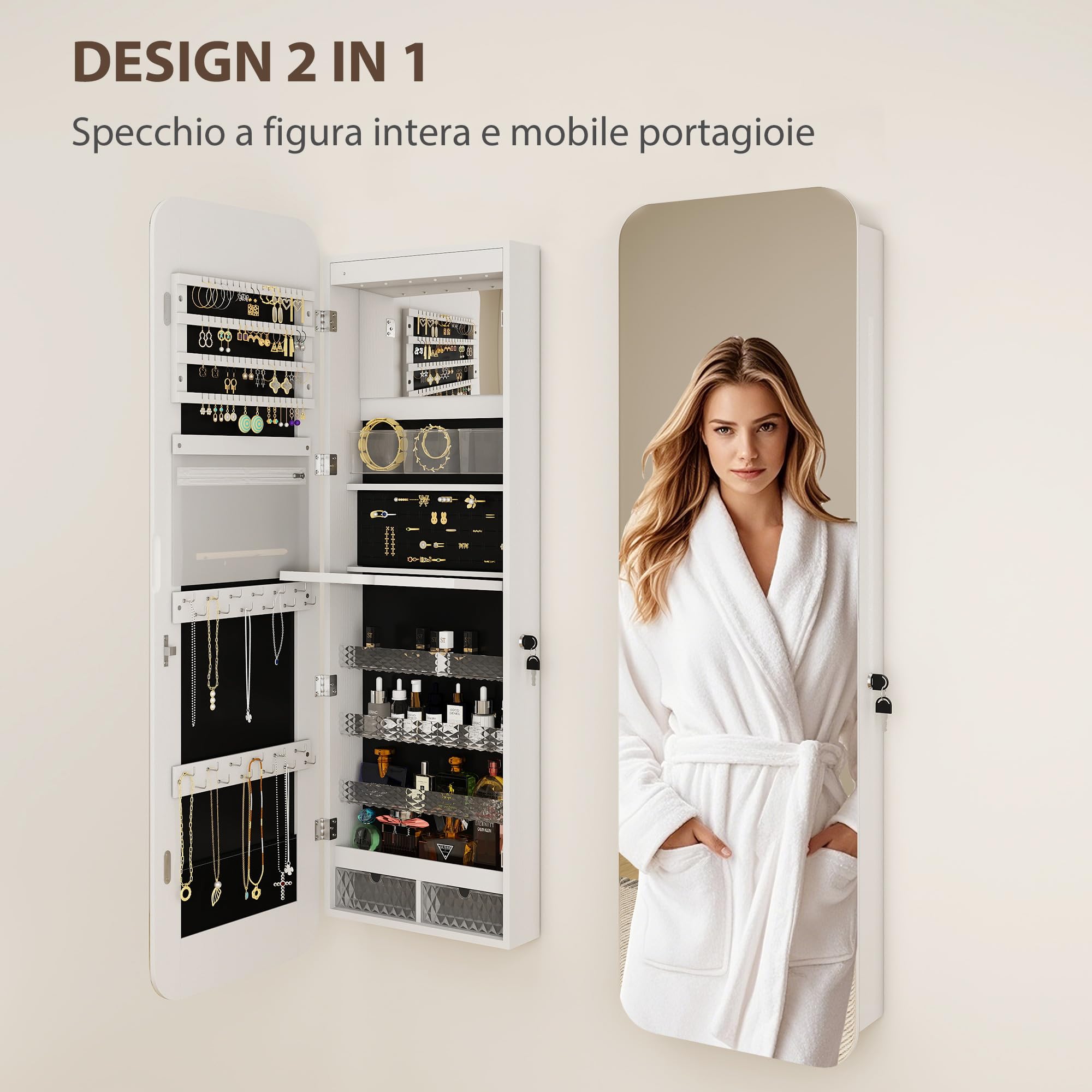 HOMCOM Armadietto Portagioie con Specchio Interno e Luci LED Alto 120cm