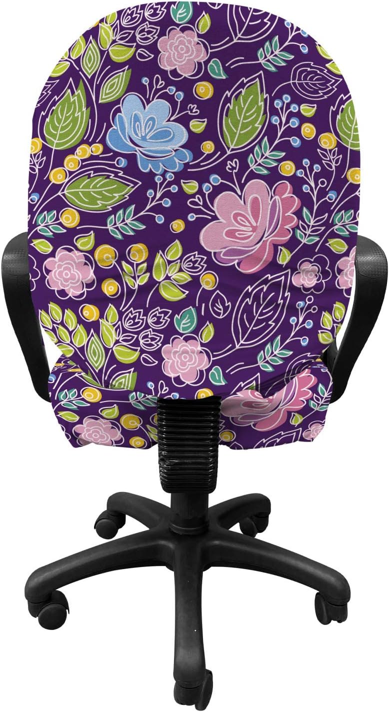 Ambesonne Floral Office Chair Slipcover, Natural Theme Flower and Leaves with Yellow Berries Botanical Art, Protective Stretch Decorative Fabric Cover, Standard Size, Blue Lime