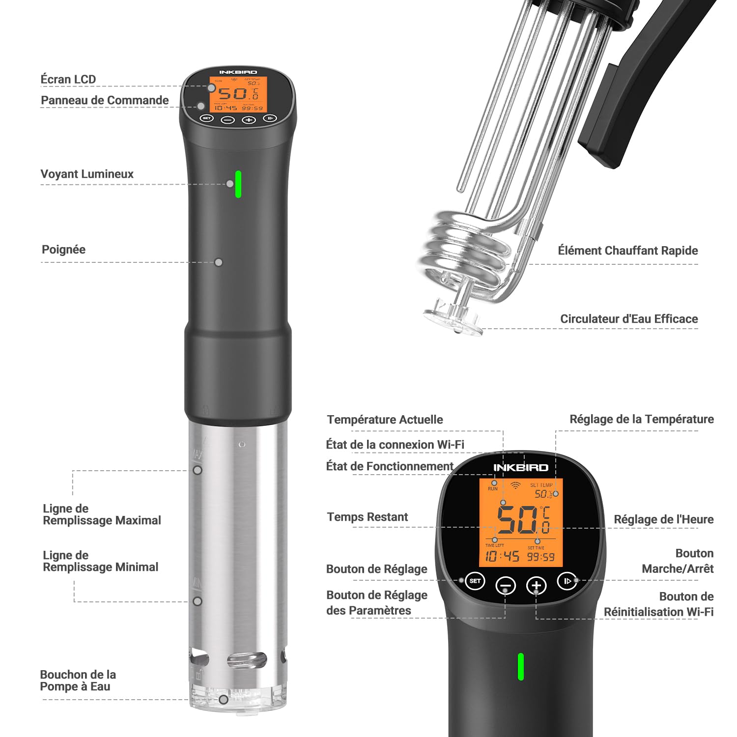 Inkbird ISV-200W Cuiseur Sous Vide WiFi,Cuiseur Oeuf Thermoplongeur Sous Vide Cooker 1000W,Calculateur d'Immersion Cuisinière Thermostat Réglable,Contrôle Précis pour Viande,Oeuf,Légumes