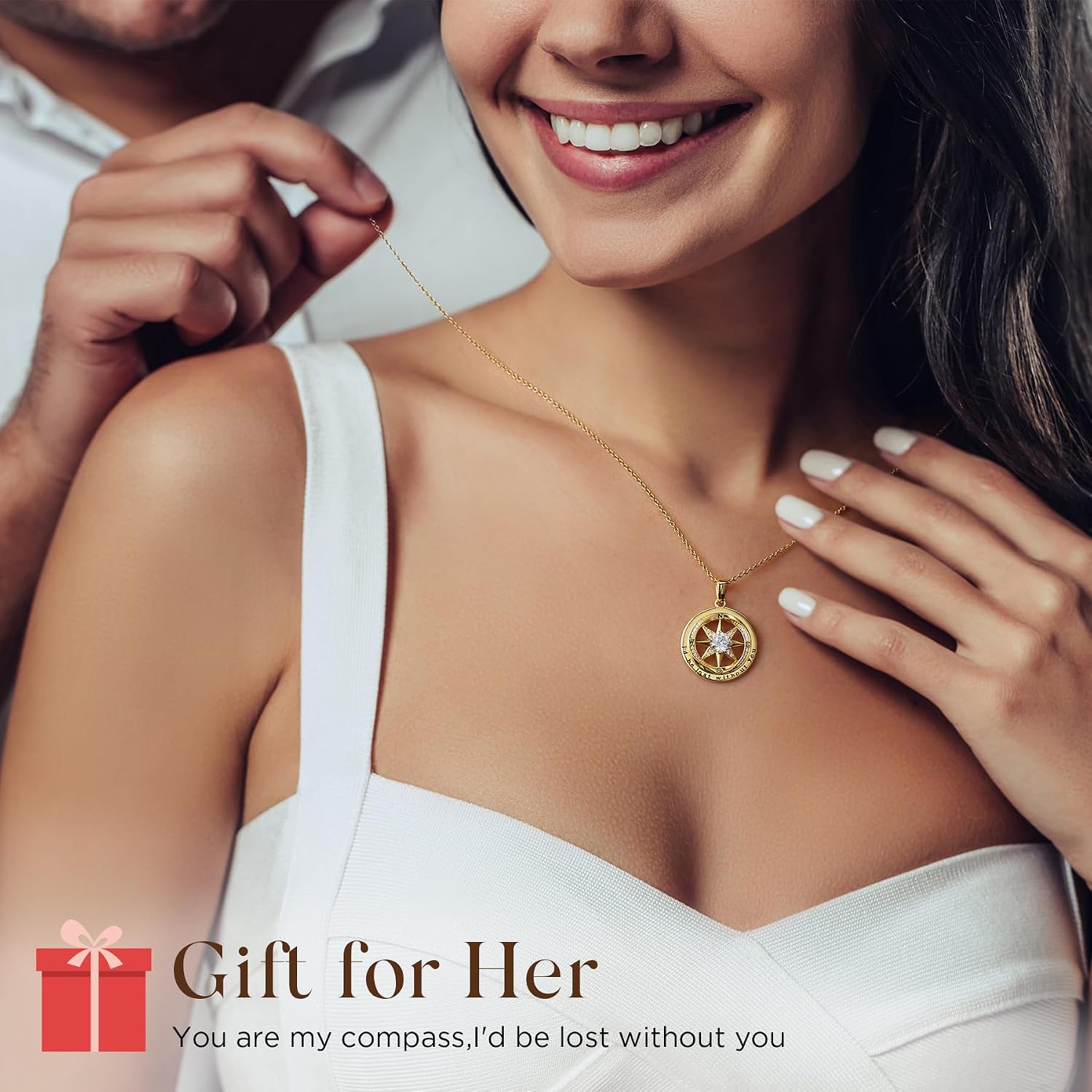 Real Gold over S925 Compass Necklace Gifts for Women Wife, Fine Jewelry as Anniversary | Birthday | Valentines Day | Mothers Day | Wedding | Christmas Gifts for Her, White Gold and Yellow Gold, I'd Be Lost Without You