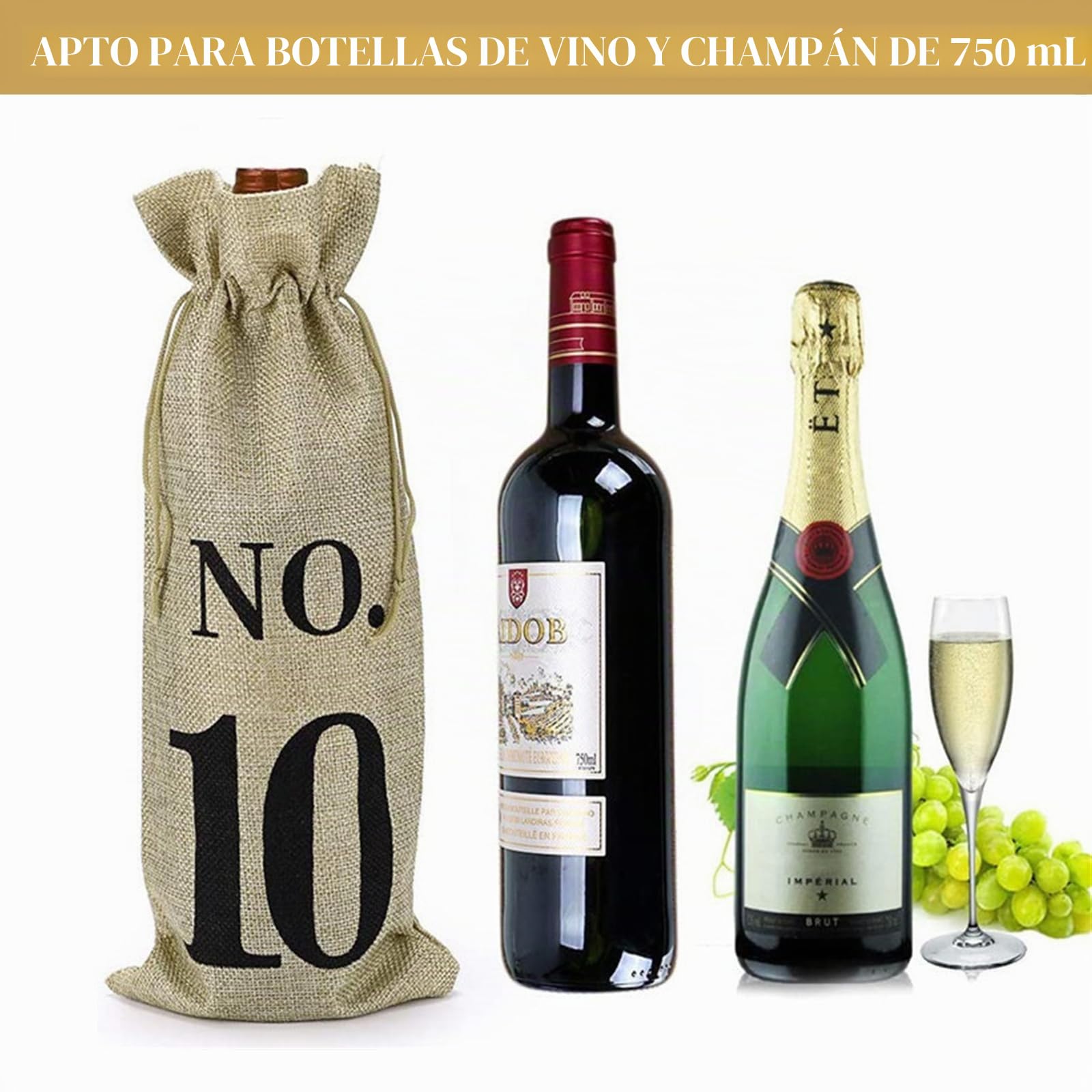 10 Bolsas de Yute para Botellas de Vino Numeradas 1-10, Bolsas de Regalo con Cordón para Cata a Ciegas, Bodas, Navidad, Cumpleaños y Fiestas, 36 x 16 cm
