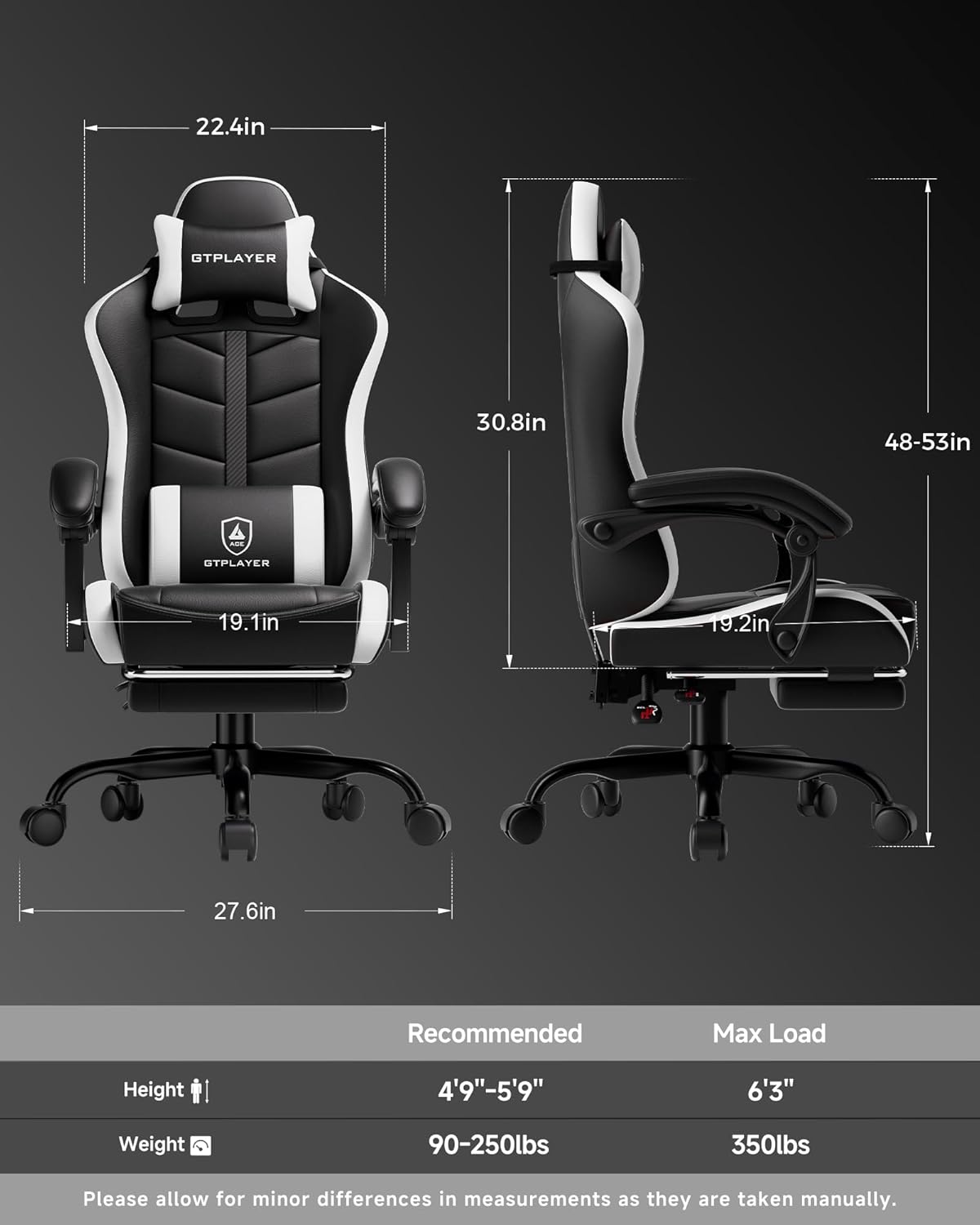 GTPLAYER Gaming Chair for Adults, Ergonomic Computer Gaming Chair with Footrest, Height Adjustable, 90-155° Recline & Removable Headrest Lumbar Support, Snow White