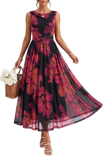 Dressystar Women Summer Floral Maxi Dress Sleeveless Mesh Ruched Waist Boho Beach Dresses