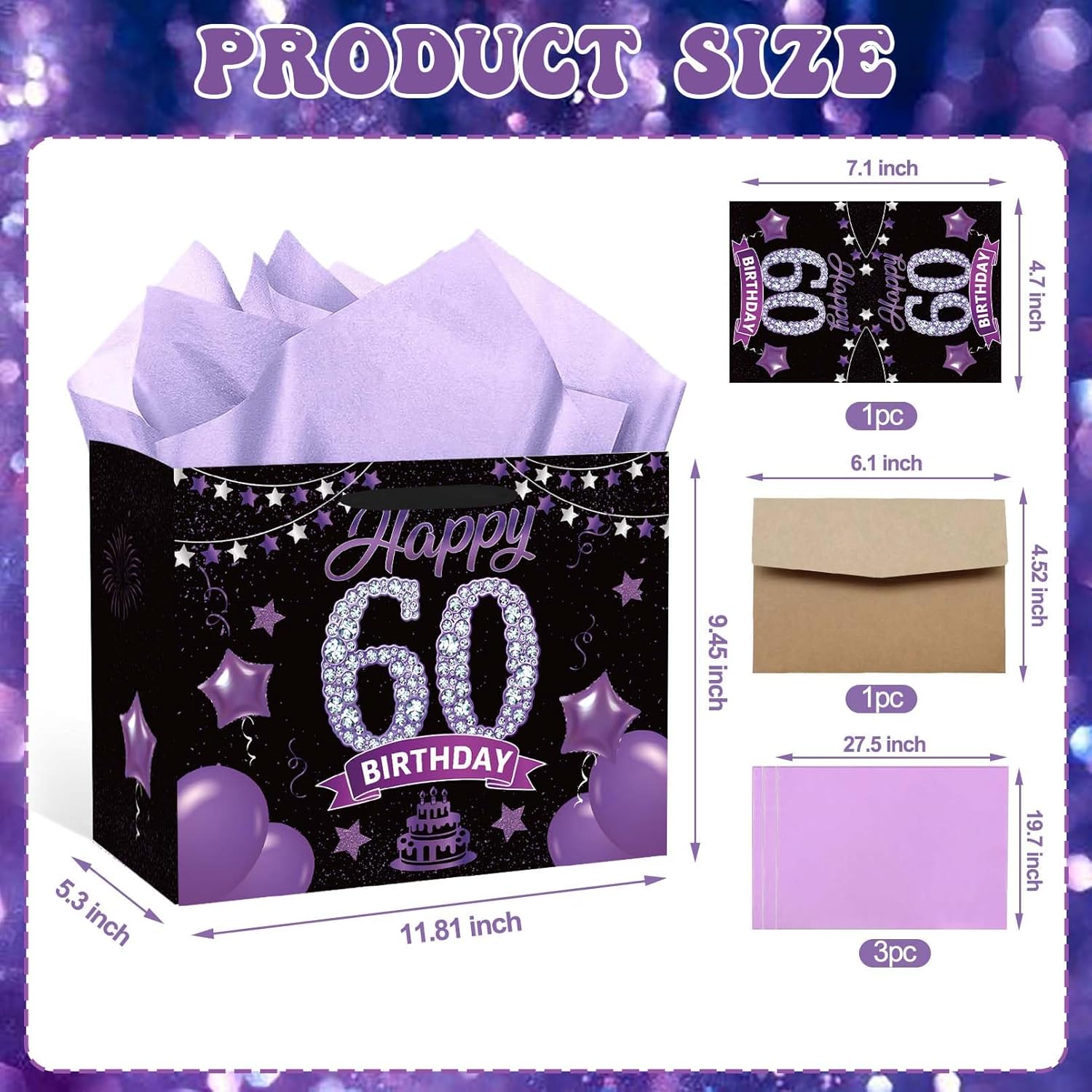 SolarGlory Black Purple 60th Birthday Gift Bag With Handles Includes Greeting Card and Tissue Paper for Women Men Birthday Party Decorations Supplies Anniversary Party Favors - Image 3