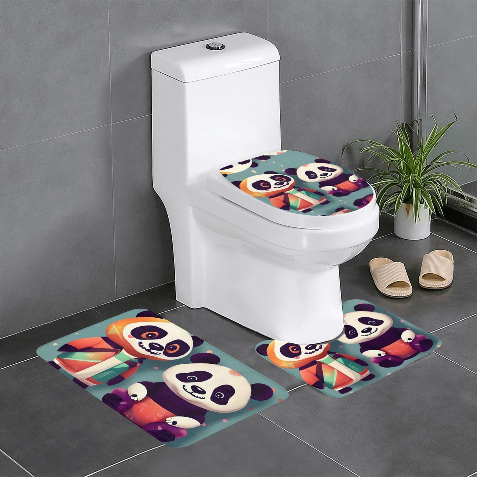 Tapis de salle de bain antidérapant 3 pièces pour toilettes et lavabo panda