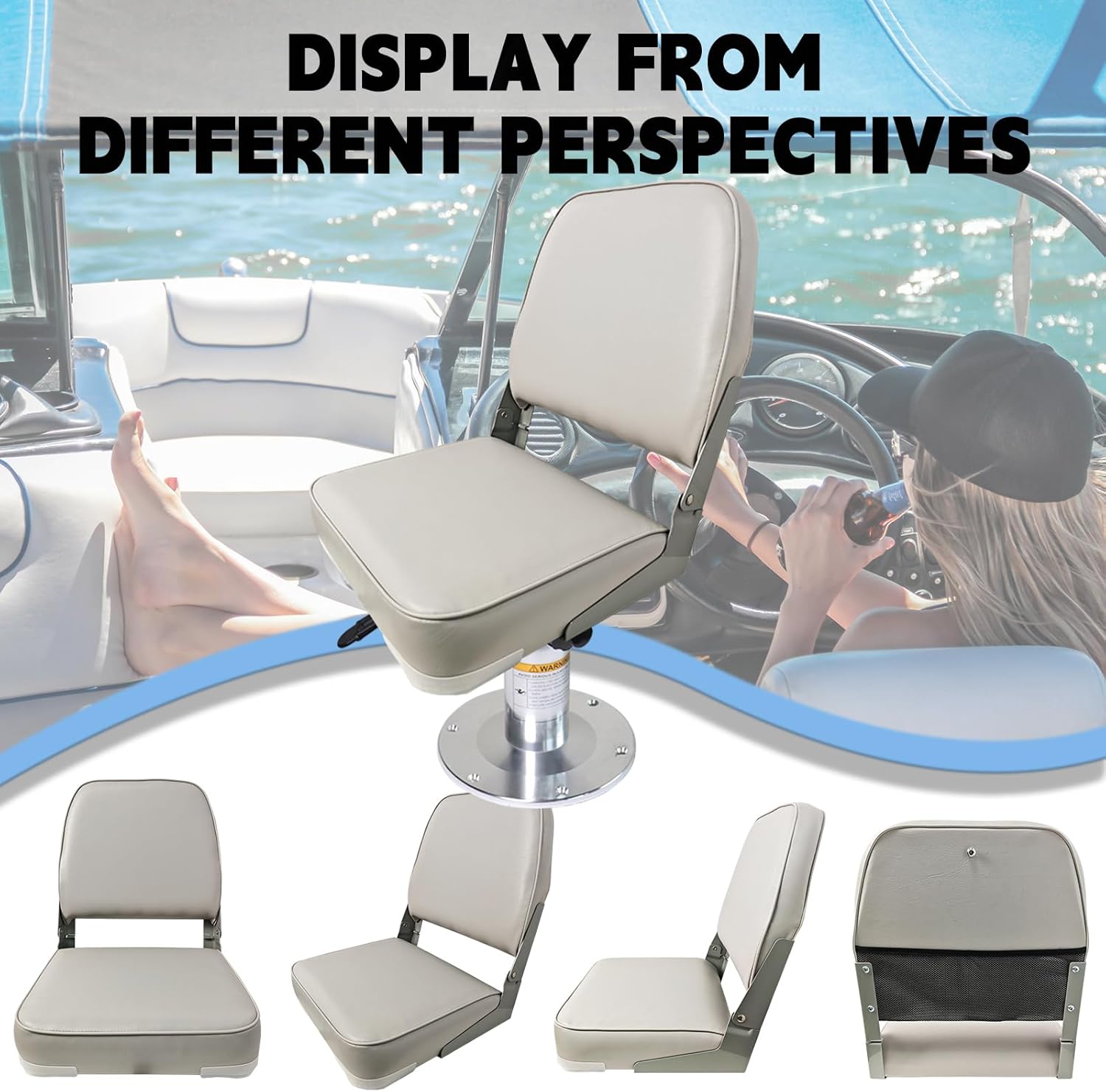 Folding Boat Seats 2 Pack Clearance - Premium Bass/Jon/Pontoon Boat Chairs, Heavy Duty Waterproof Swivel Fishing Boat Seat with Storage Bag (Light Gray)