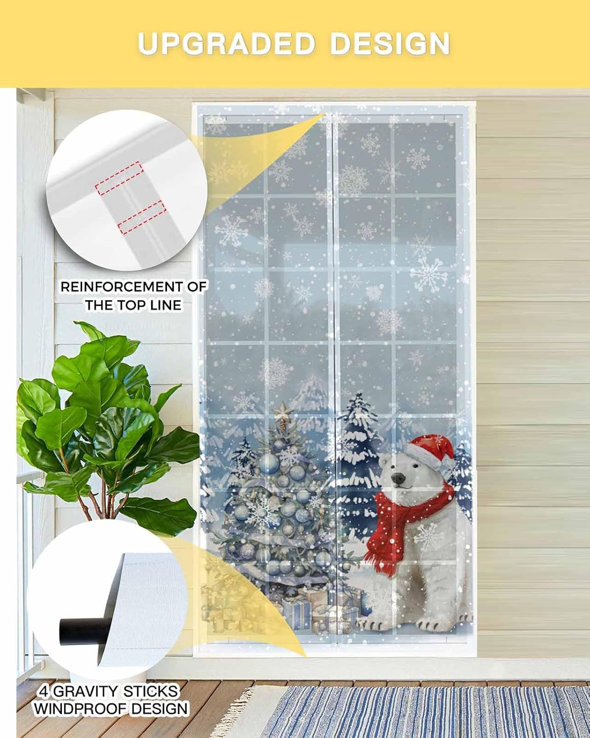 Blue Christmas Magnetic Screen Door, Vintage Polar Bear Xmas Tree Snowfall Hands Free Screen Mesh Size 38" x 83", Reinforce Heavy Duty Mesh Screen Doors for Patio/Front/Sliding Door