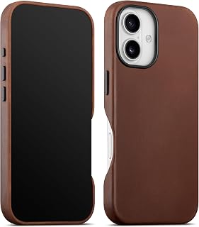 maogoam for iPhone 16 Case Leather, Compatible with MagSafe, Genuine Vintage Crazy Horse Leather, Metal Buttons & Camera Bump Frame, Indiana-Jones Style, 6.1", Dark Brown
