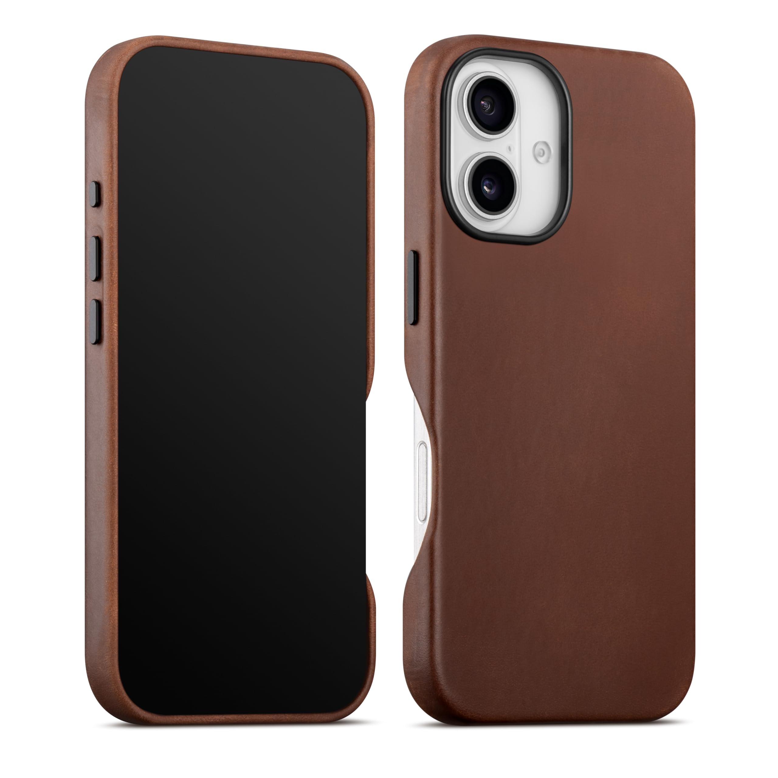 maogoam for iPhone 16 Plus Case Leather 6.7 inch, Compatible with MagSafe, Genuine Vintage Crazy Horse Leather, Metal Buttons & Camera Bump Frame,