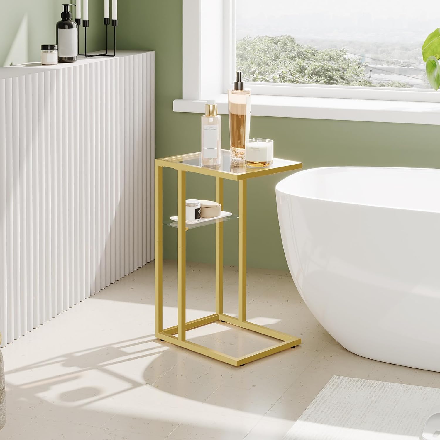 HOOBRO End Table, C Shaped Side Table with Tempered Glass, 24.4’’ Small Side Table for Sofa, Slide Under Couch, for Living Room, Bedroom, Balcony, Gold GD08SF01