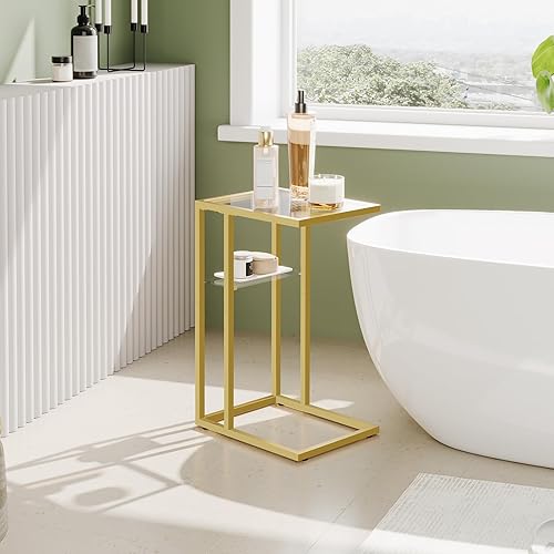 Miniatura 5 de Mesa auxiliar en forma de C, mesa auxiliar pequeña para sofá y cama, mesa de sofá de vidrio templado con marco de metal, mesa decorativa para