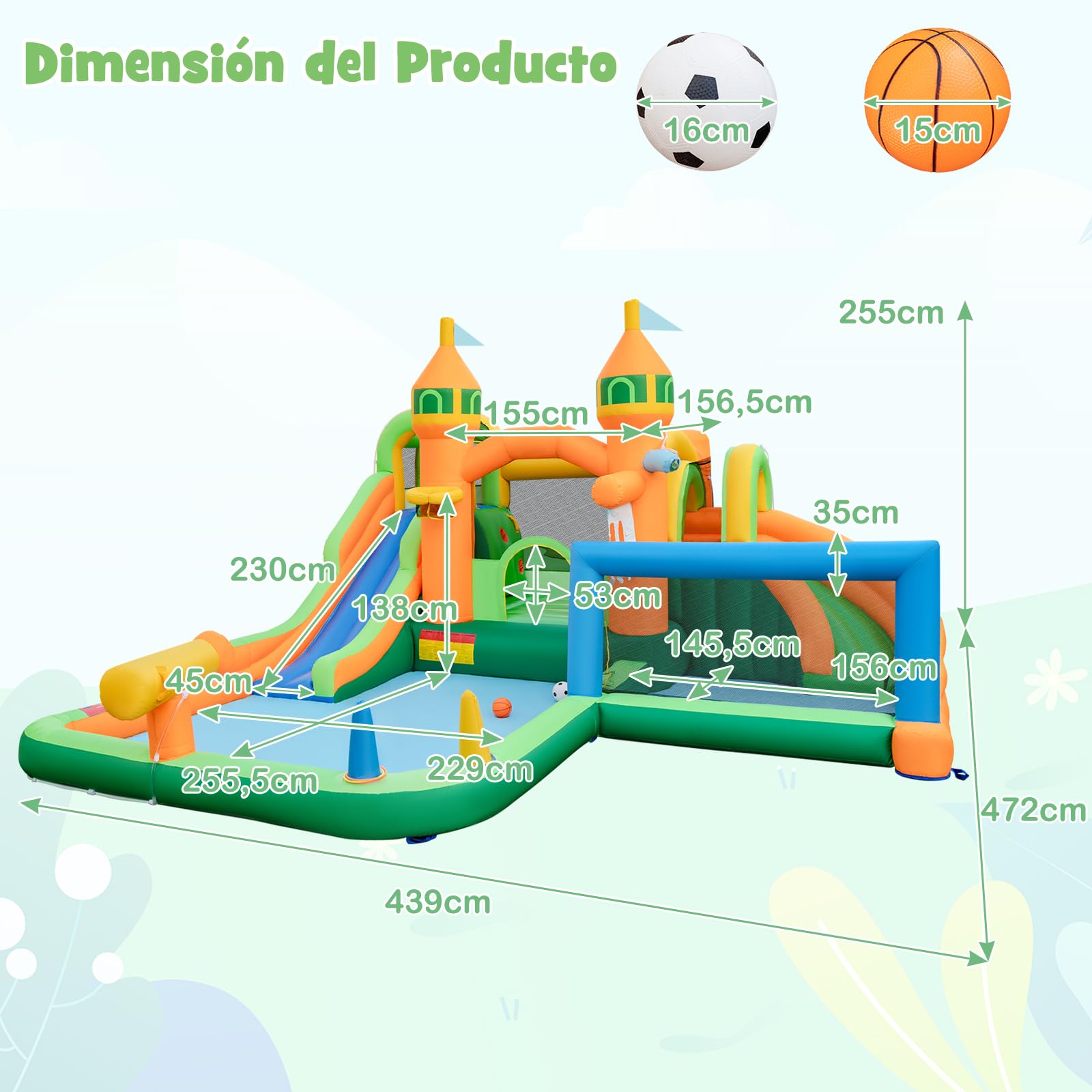 GOPLUS Castillo Hinchable 9 en 1 con 2 Toboganes, Piscina, Aro de Baloncesto, Juego de Gancho, Zona de Rebote, Pistola de Agua, Pared de Escalada, Casa de Salto Húmeda y Seca (sin Soplador)