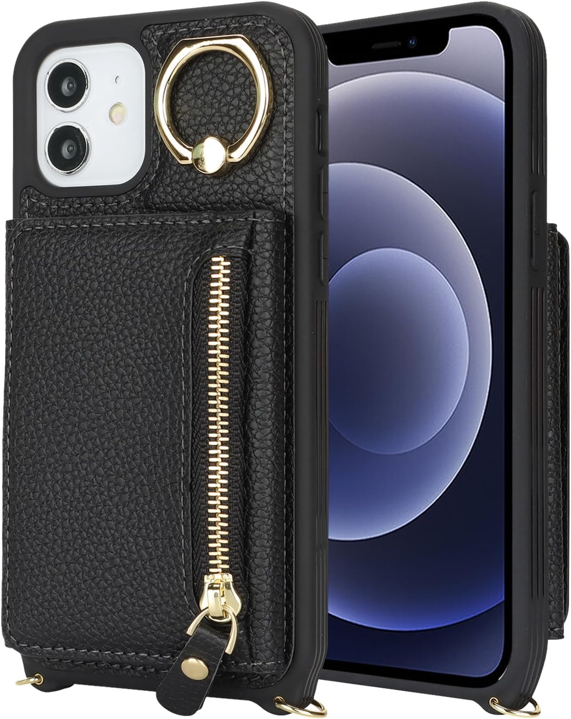 for iPhone 12 Mini Case with Card Holder,for iPhone 12 Mini Wallet Case for Women with Strap Crossbody Lanyard Stand Ring,PU Leather Zipper Pocket Phone Cover-Black - Image 7