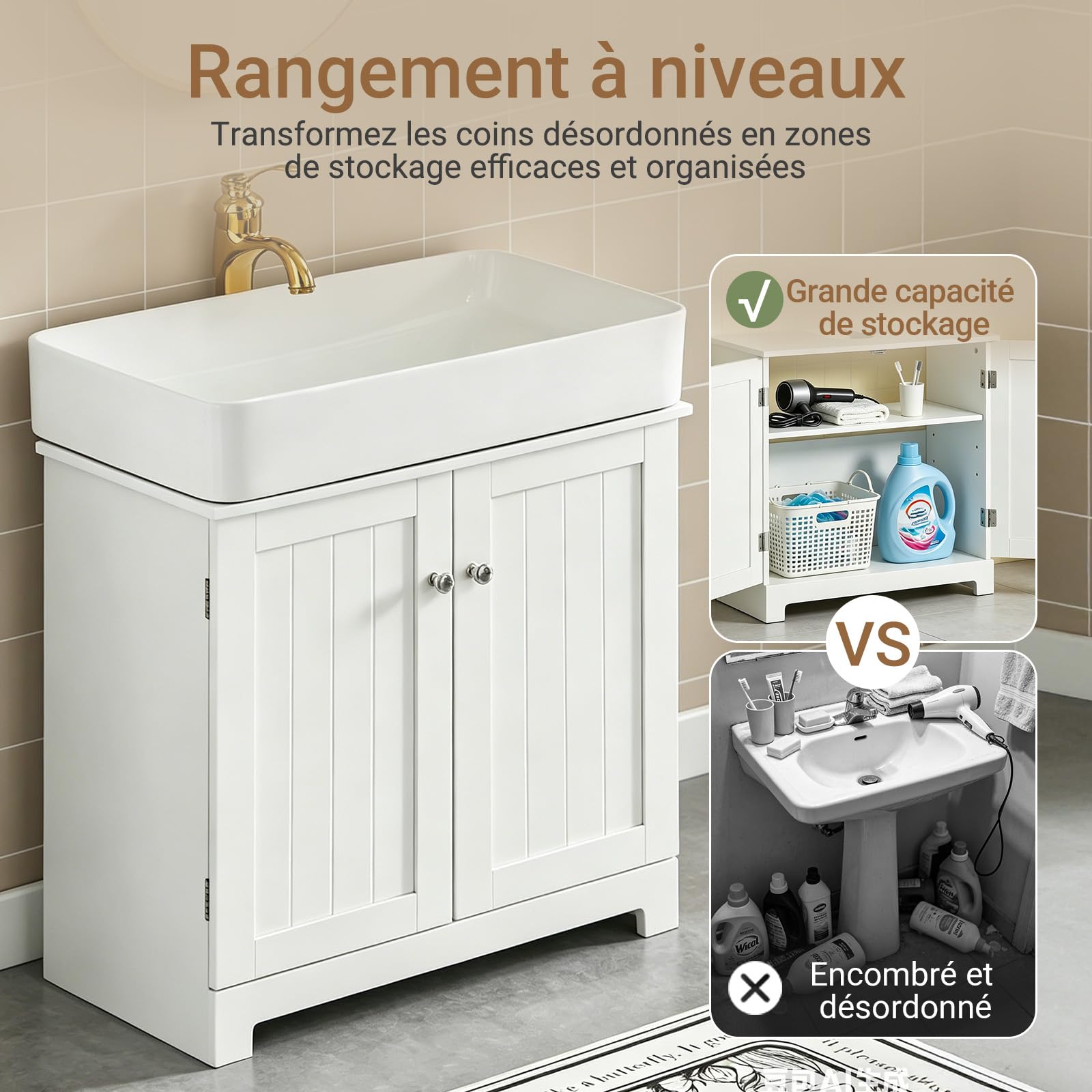 SoBuy Meuble sous Lavabo Salle de Bain avec Découpe pour Siphon 60x60x29 cm