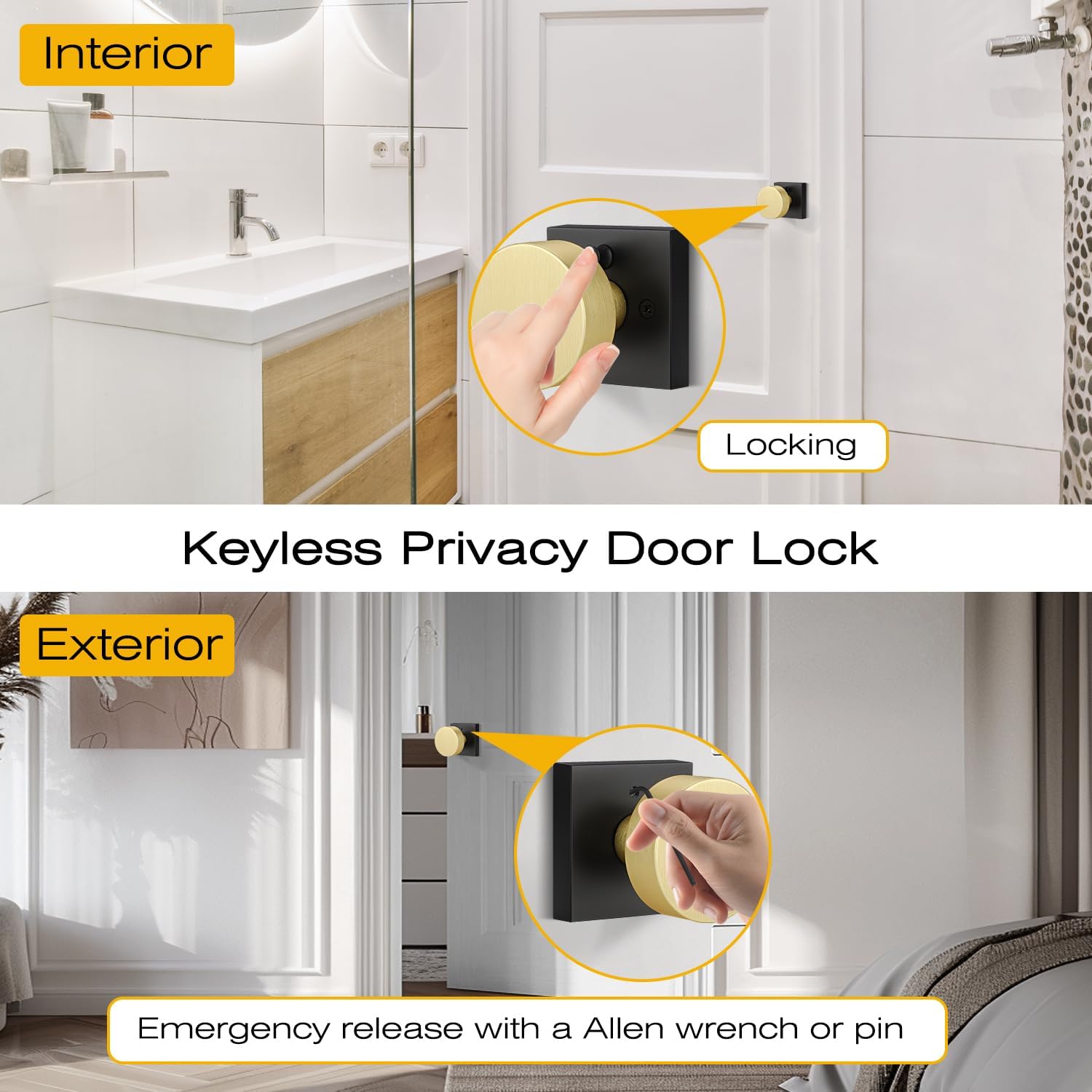 EHOMEWARE 2 Pack Black and Gold Door Knob, Bedroom Door Knobs Interior with Lock, Keyless Privacy Door Handle for Bathroom, Fits Left/Right Hand Doors, Matte Black and Satin Brass