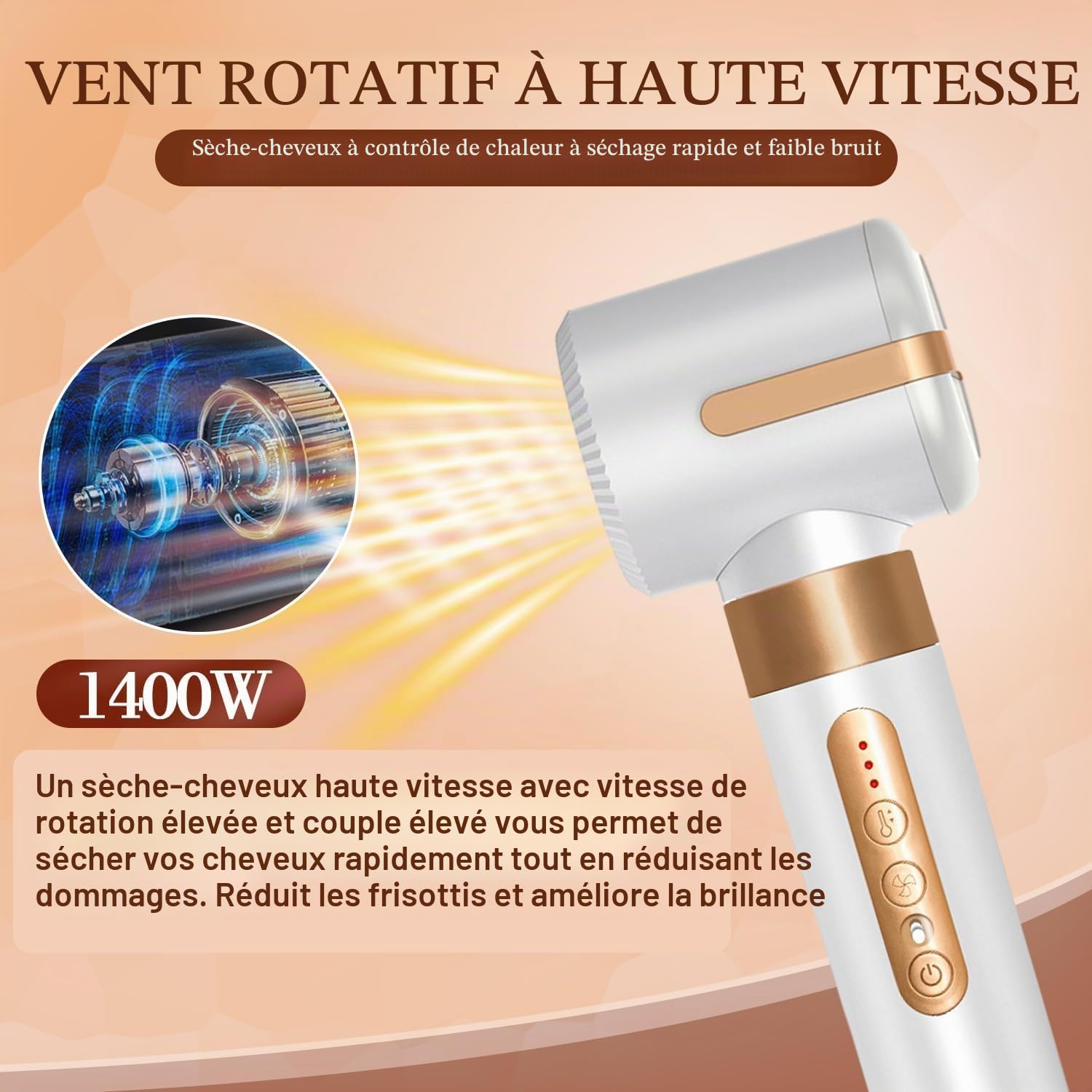 Sèche-cheveux 7 en 1, sèche-cheveux à grande vitesse - Ensemble d'outils de coiffure - Brosse à air chaud, diffuseur, buses, peigne à lisser, baguette à boucler, volumiseur (blanc)