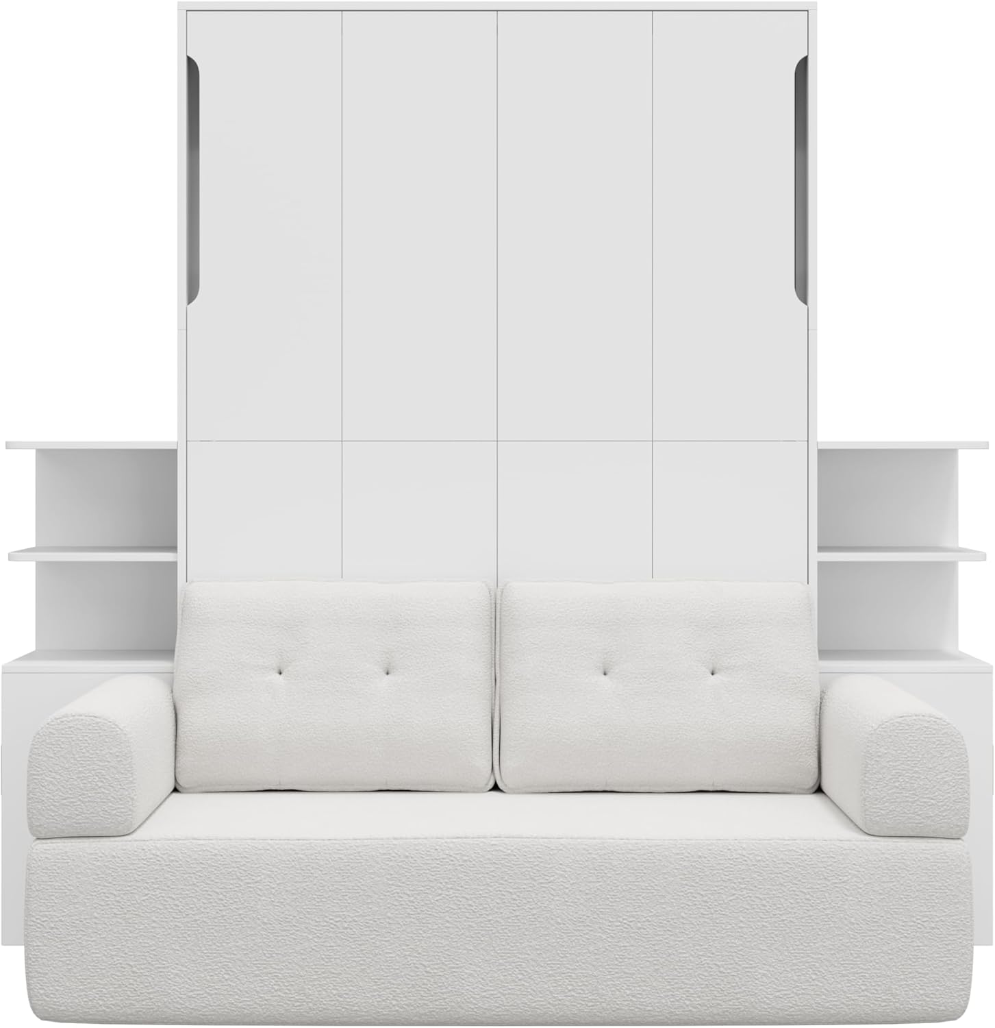 SOFTSEA Full Size Murphy Bed with Couch, Full Wall Bed Frame with Sofa and Shelves, Wood Folding Murphy Bed Cabinet for Home Office & Guest Room, White