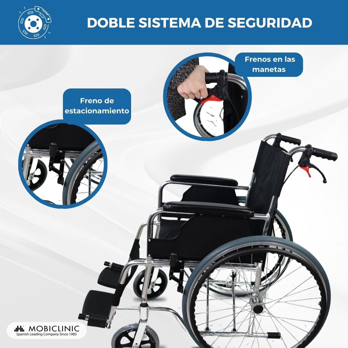 Mobiclinic®, Silla de ruedas, Plegable, Aluminio, Ligera, Modelo palacio, Asiento 46 cm, Doble sistema frenado, Respaldo partido, Reposapiés abatible, Marca española, Autopropulsable