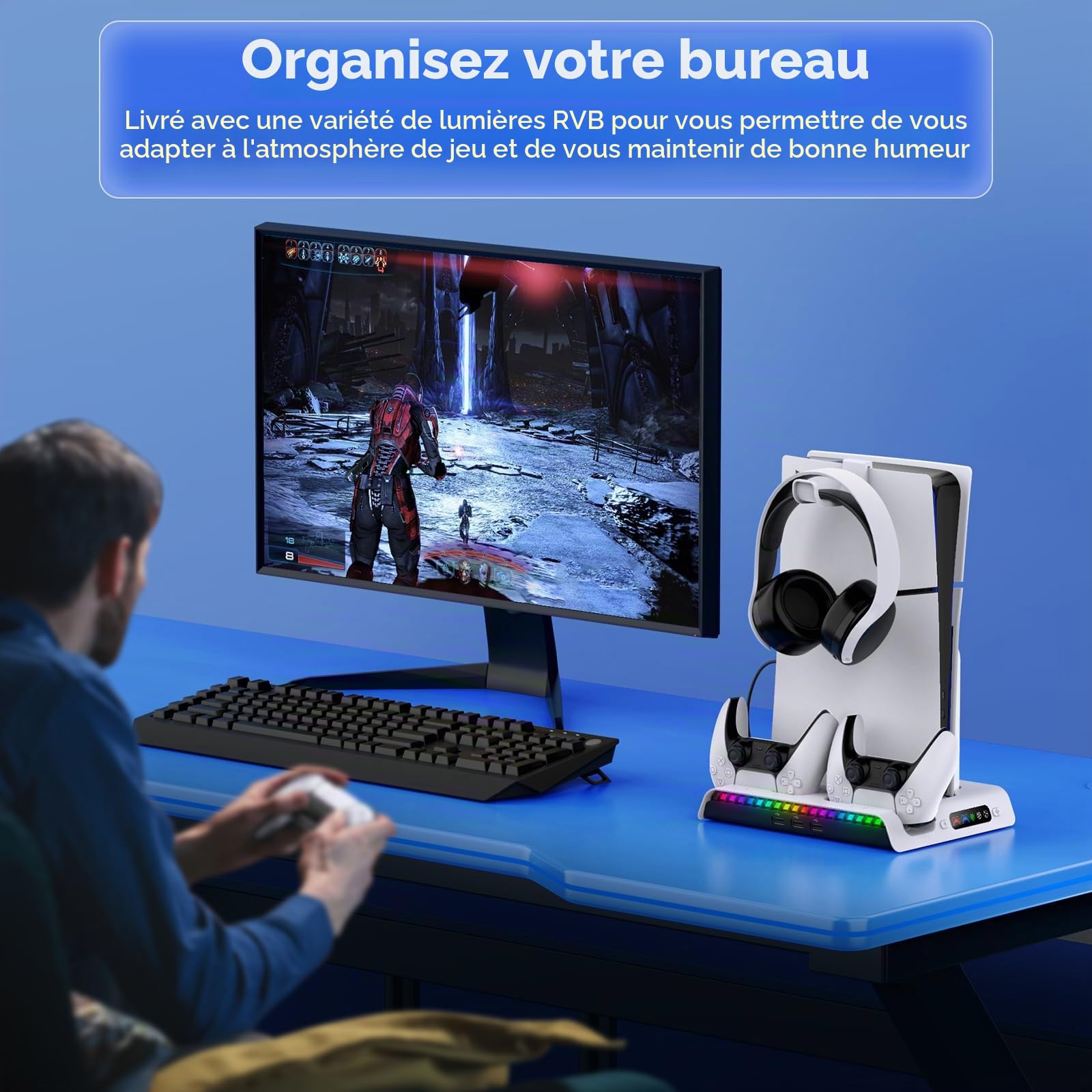 RGB Support de Refroidissement pour PS5 Slim avec Station de Charge
