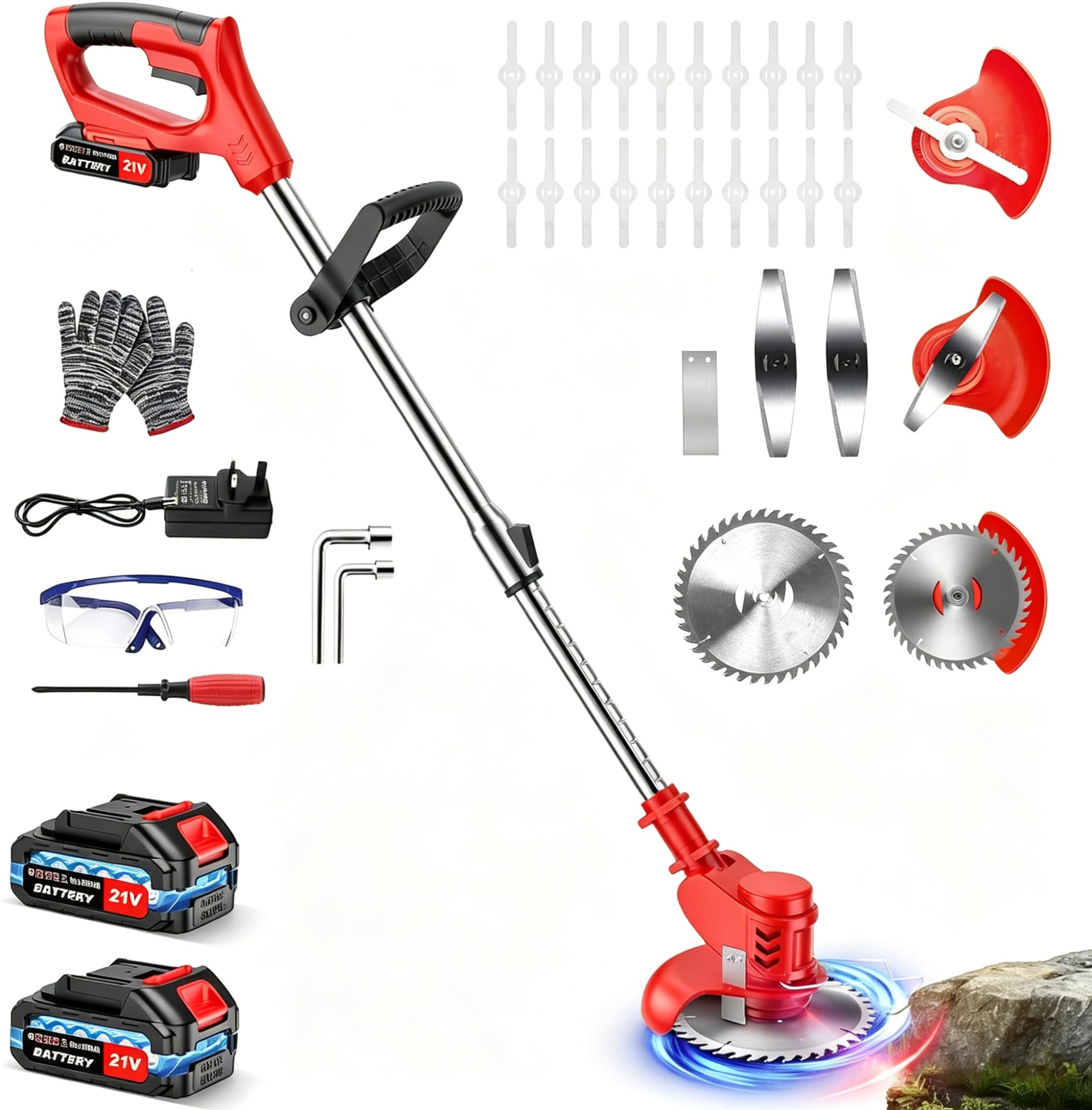 Cordless Electric Strimmer, Garden Battery Strimmer with 4000mAh, 4 in 1 Grass Trimmer/Cordless Strimmer/Grass Edger/Small Lawn Mower, Grass Strimmer with Blades, 2 Battery