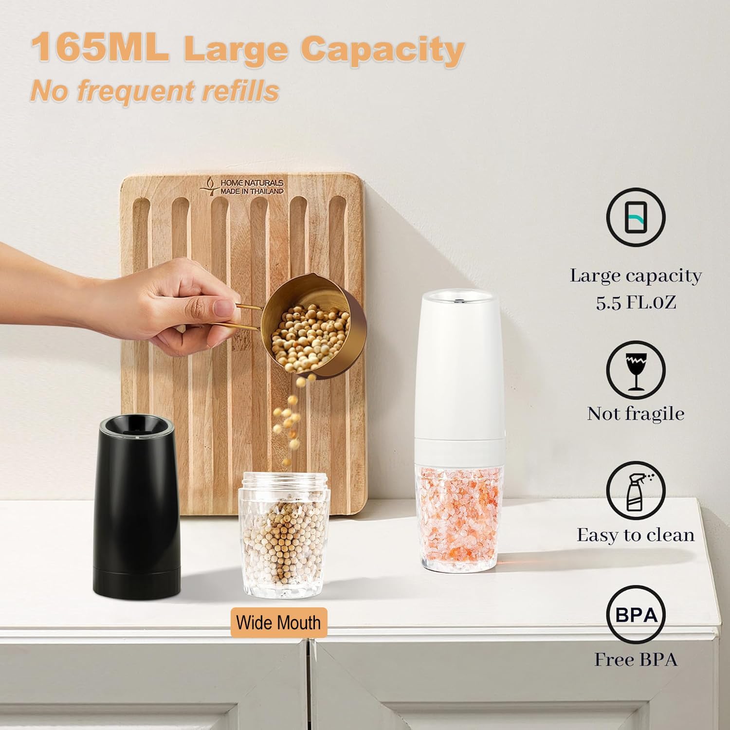 Rechargeable Salt and Pepper Grinder Set Gravity,Electric Pepper Grinder Mill Automatic,LED Light,Adjustable Coarseness, for Home Kitchen BBQ (Gravity-2pc-5levels-ABS)