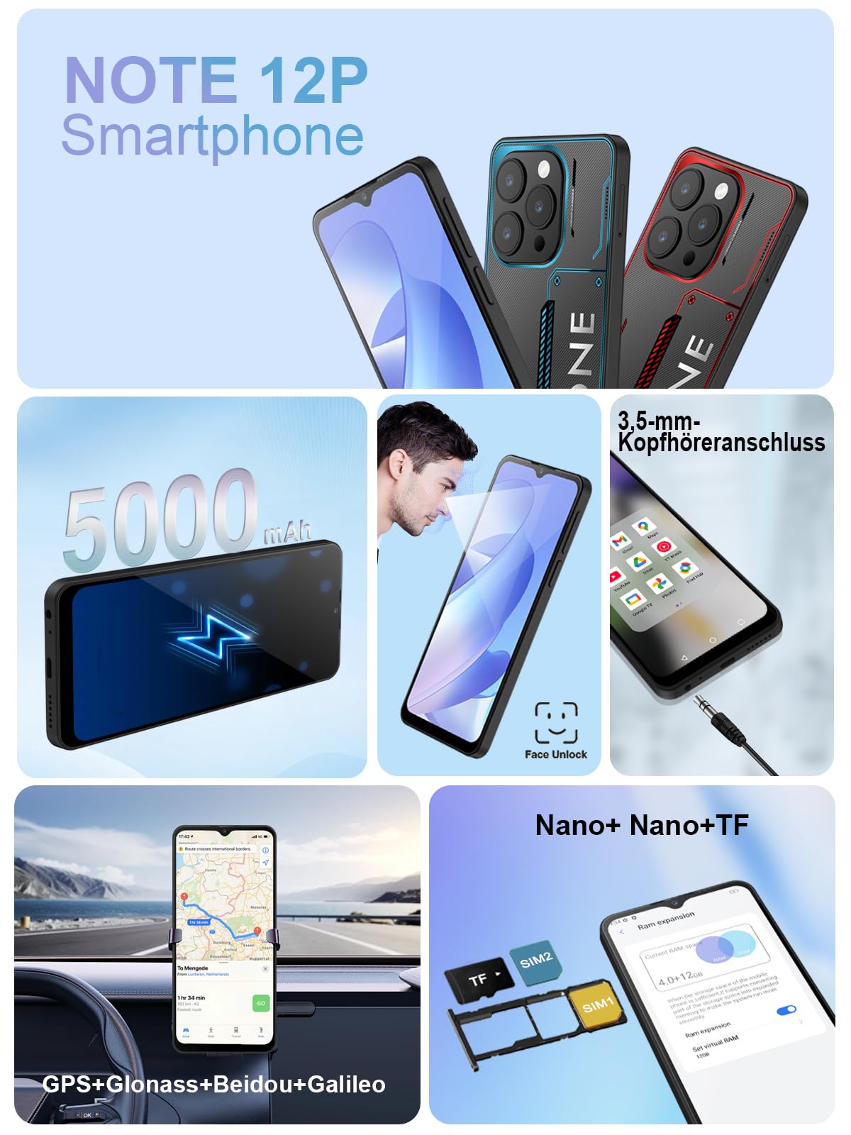 invens Note 12P Smartphone Ohne Vertrag, 16GB RAM 128GB ROM, 6.56" HD+ Display, 48MP+8MP Kamera, 5000mAh Akku, Android 15 Handy günstig, Dual SIM, 5GHz WLAN, Face ID/Fingerabdruck/GPS (Cyber Red)