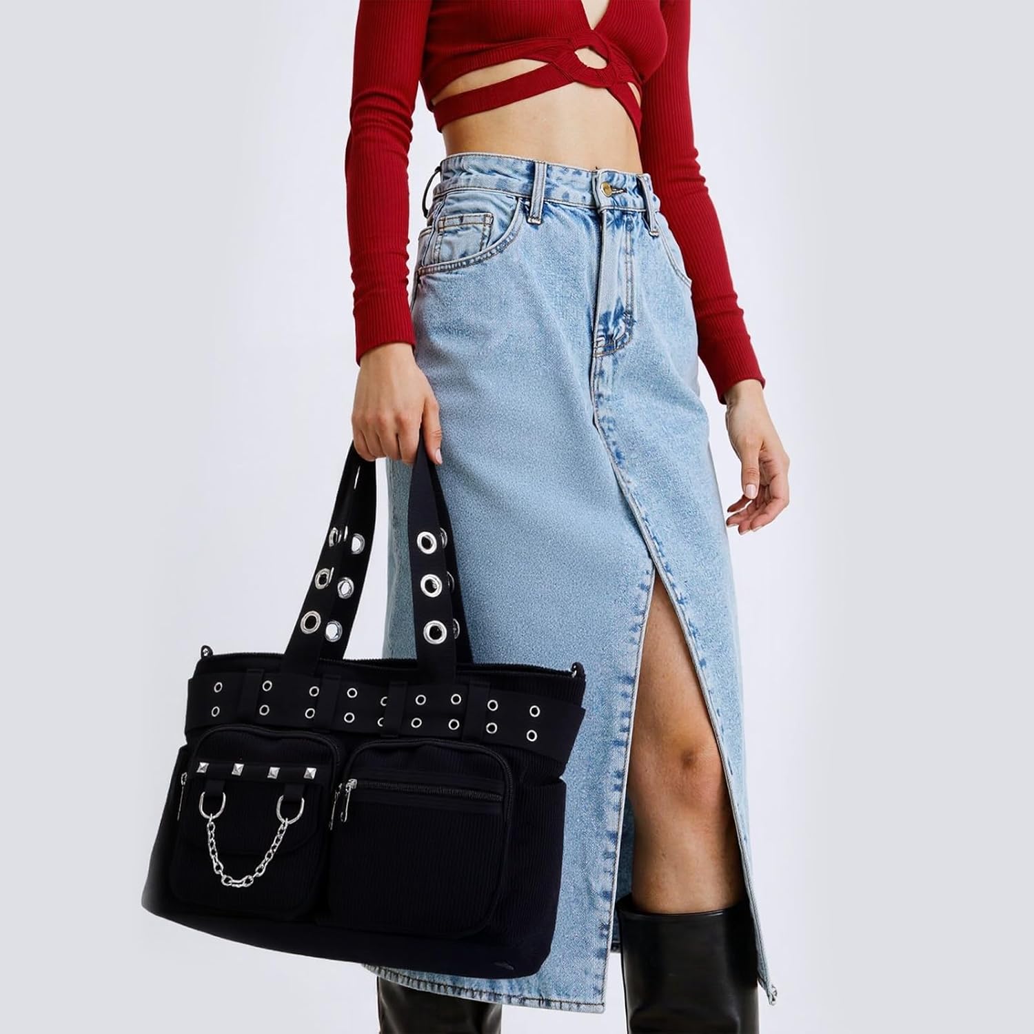 SUKUTU Goth Tote Bag for Women Corduroy Gothic Purse Large Punk Shoulder Bag for College Work Travel