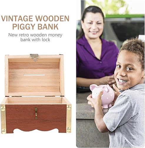 Miniatura 8 de Happyyami Caja de monedas vintage de madera, caja de almacenamiento retro de madera del tesoro, caja de almacenamiento de madera alcancía caja de