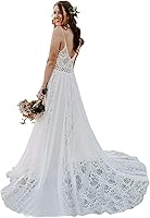 LIPOSA Boho Lace Wedding Dress Spaghetti Strap Sweetheart A-Line Sleeveless Bridal Gown for Beach Courthouse Bride