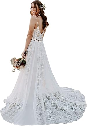 LIPOSA Boho Lace Wedding Dress