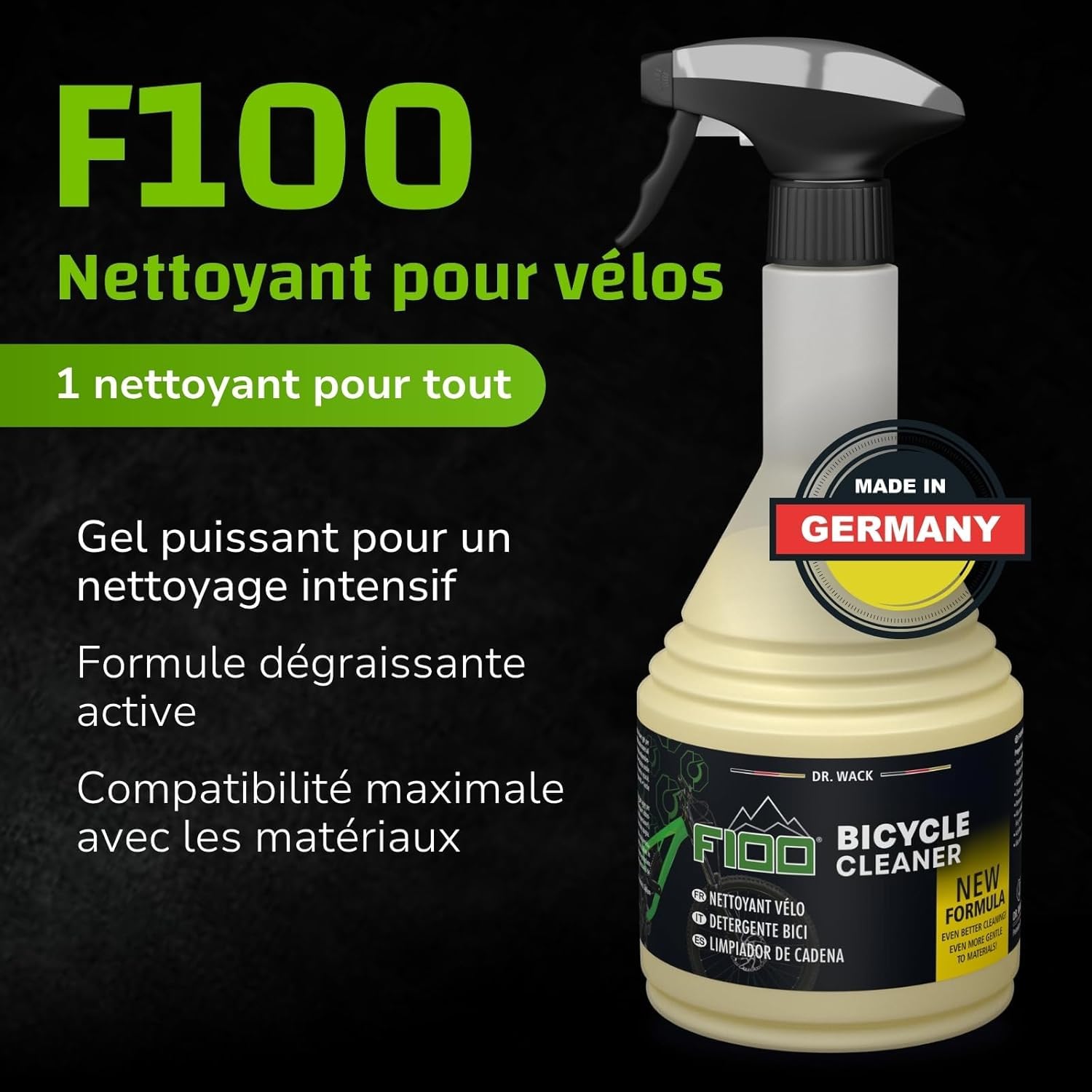 Dr. Wack - F100 Kit Entretien Vélo Électrique : Nettoyant Vélo + Nettoyant chaîne de vélo + Lubrifiant Chaîne de Vélo Électrique + Brosse + Chiffon Microfibre