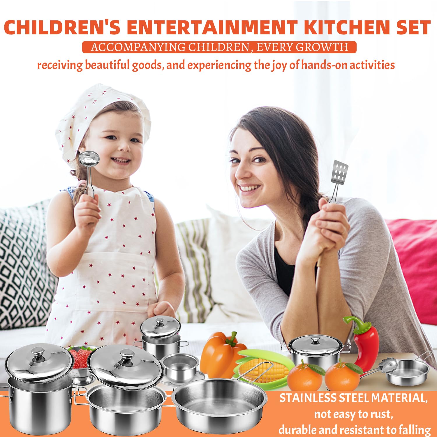 Set De 14 Accesorios De Cocina De Juguete Para Niños | Acero Inoxidable + Bolsa De Almacenaje | Ideal Para Juego De Rol Y Regalos