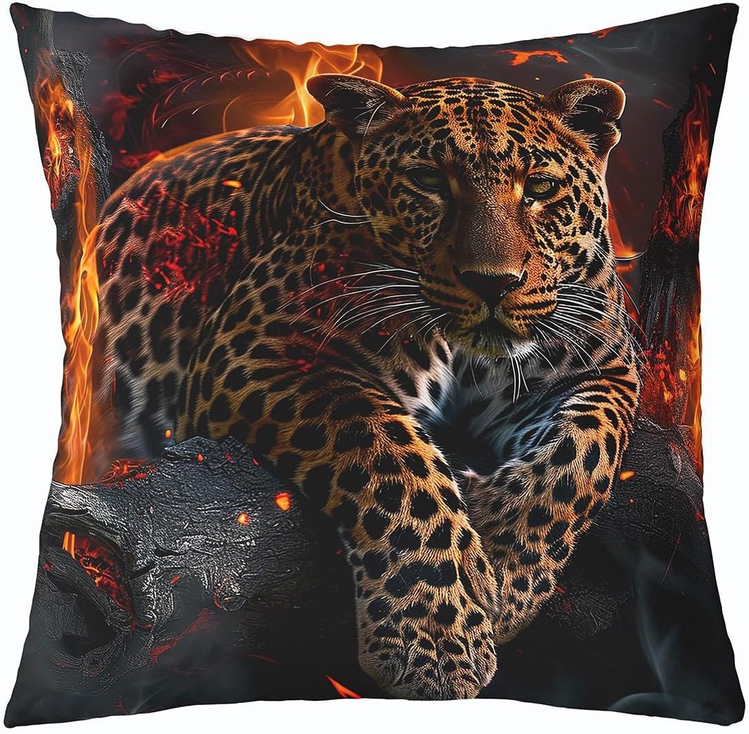 Erosebridal 3D Cheetah Printed Throw Pillow Covers Set of 4,Leopard for Woman Pillow Covers 16x16 Inch,Safari Animal Cushion Covers Soft,Golden Fire Flames Decorative Accent Pillow Cases for Sofa