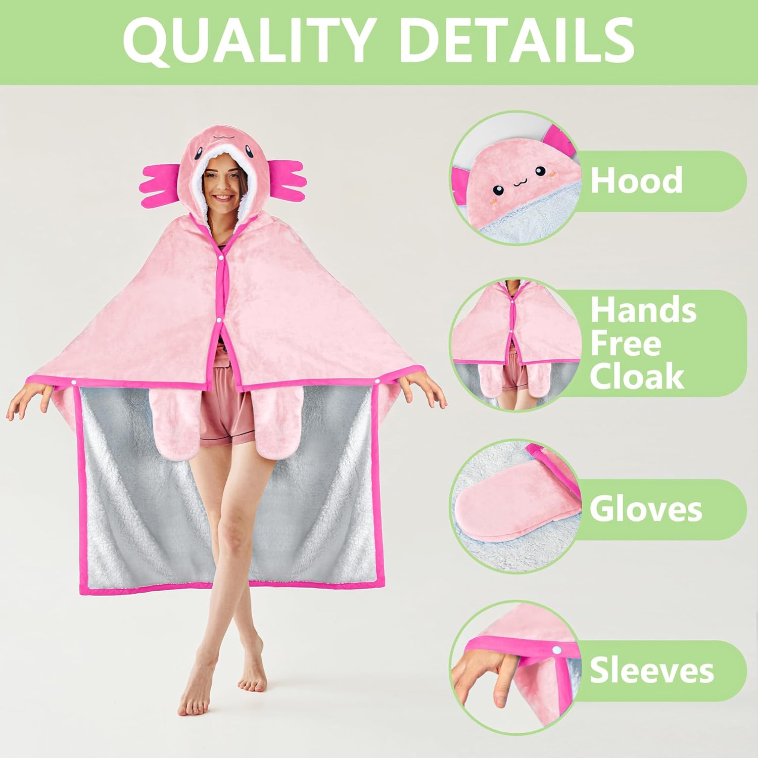 Axolotl Wearable Hooded Blanket for Adults - Super Soft Warm Cozy Plush Flannel Fleece & Sherpa Hoodie Throw Cloak Wrap - Axolotl Gifts for Women Adults and Kids - Image 3