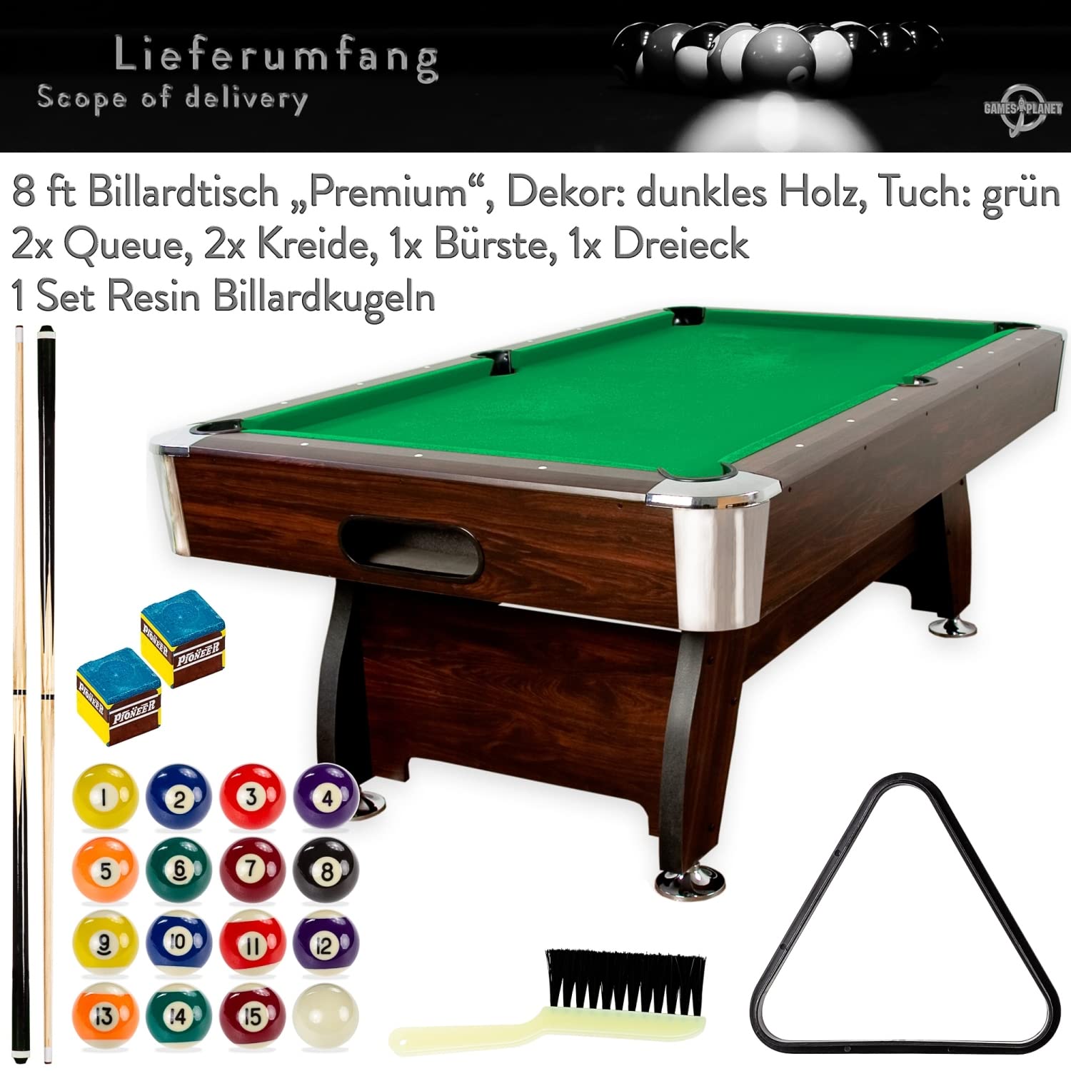 GAMES PLANET 8 ft Billardtisch Premium“ + Zubehör, 9 Farbvarianten, 244x132x82 cm (LxBxH)