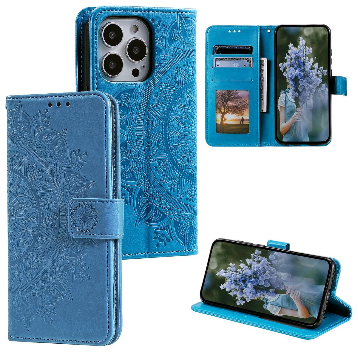 Étui rabat iPhone 15 Pro König Design support antichoc bleu