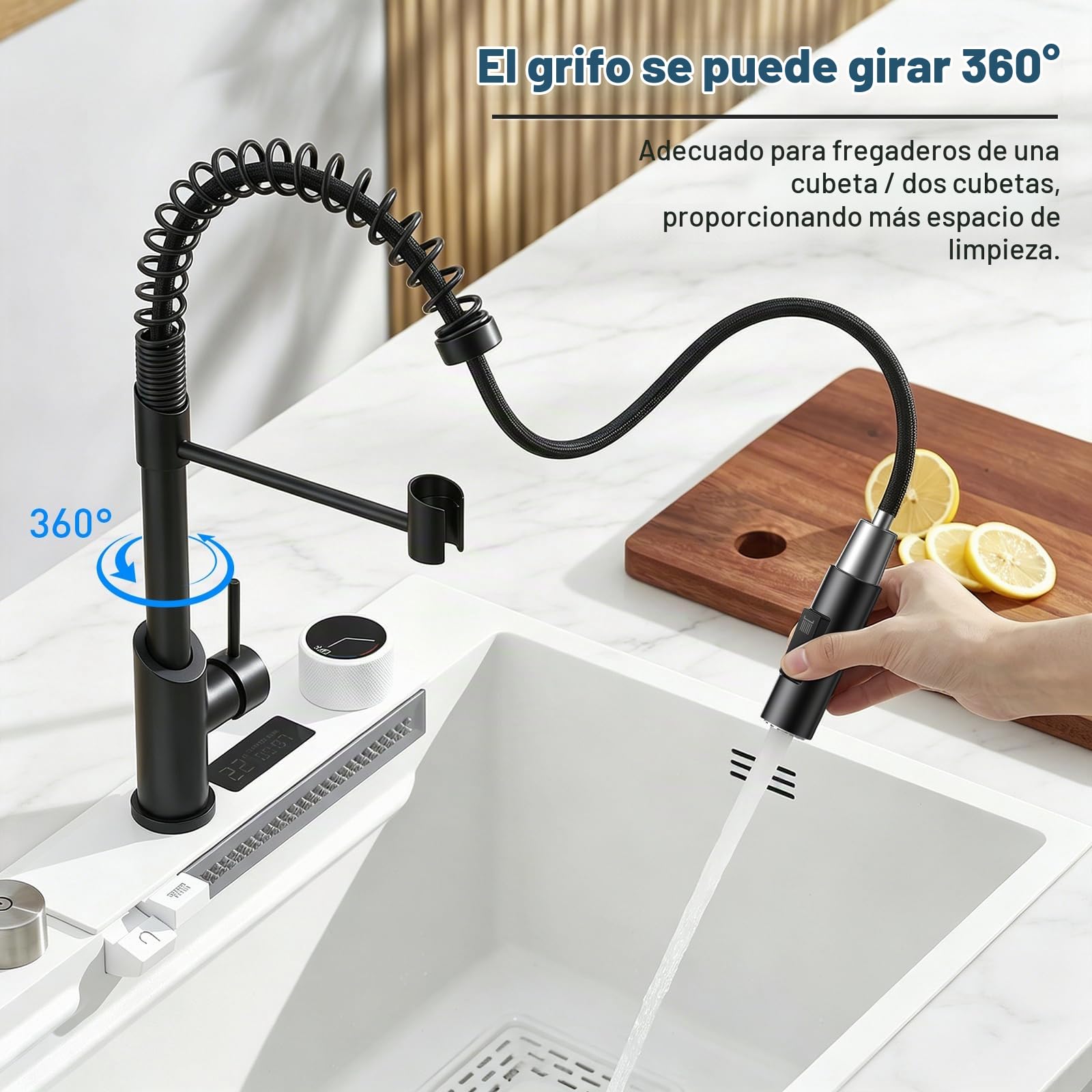 Grifo Cocina Extraible, Grifo Cocina Fregadero 360° Giratorio Con Dos Modos De Salida De Agua Grifo De Cocina,Grifo Monomando Cocina Mezclador De Arco Alto Acero Inoxidable 304 Cepillado (Negro)