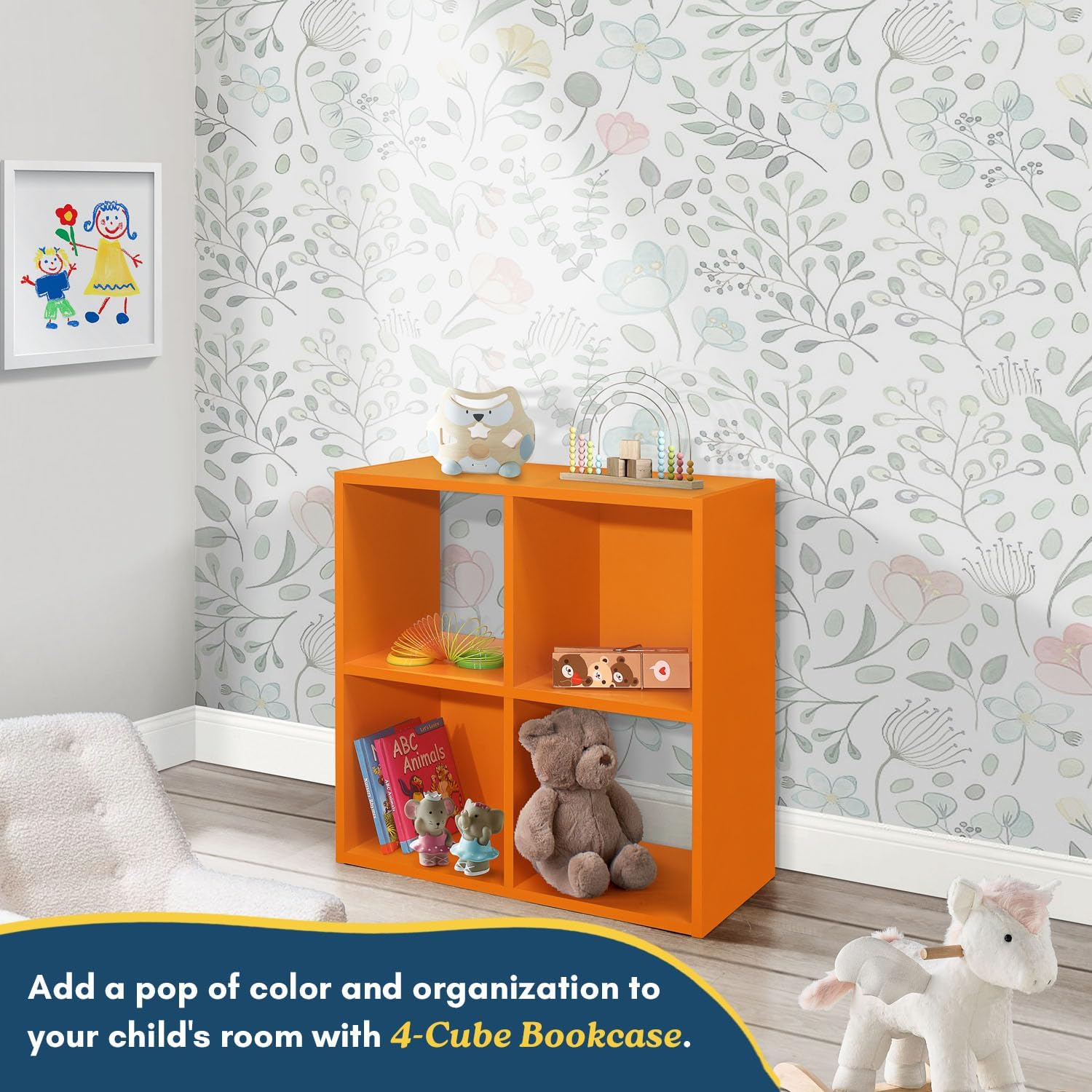 Kings Brand Furniture - 4-Cube Children's Bookcase, Kids Toy Storage Shelf Organizer for Playroom, Bedroom, Nursery School, Orange
