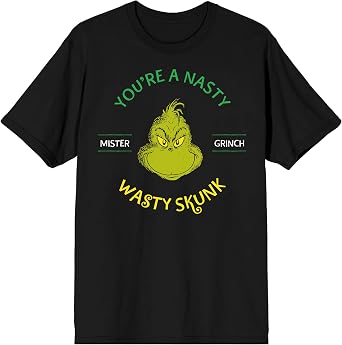 The Grinch Youre a Nasty Wasty Skunk, Mister Grinch, Grinchs Smiling Face on Black Short Sleeve Adult T-Shirt