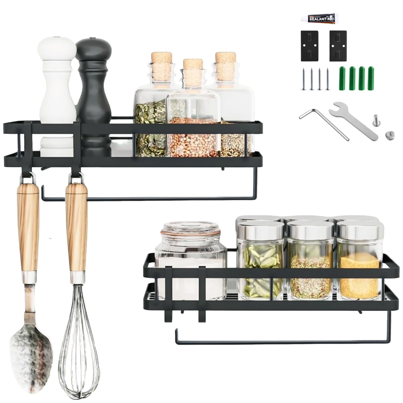 MUKSUET 2 PCS Black Spice Rack Wall Mounted, Spice Rack with Paper Towel Holder Roll and Hooks, Mental Kitchen Spice Organizer for Kitchen Bathroom, 35x12x5.7 cm
