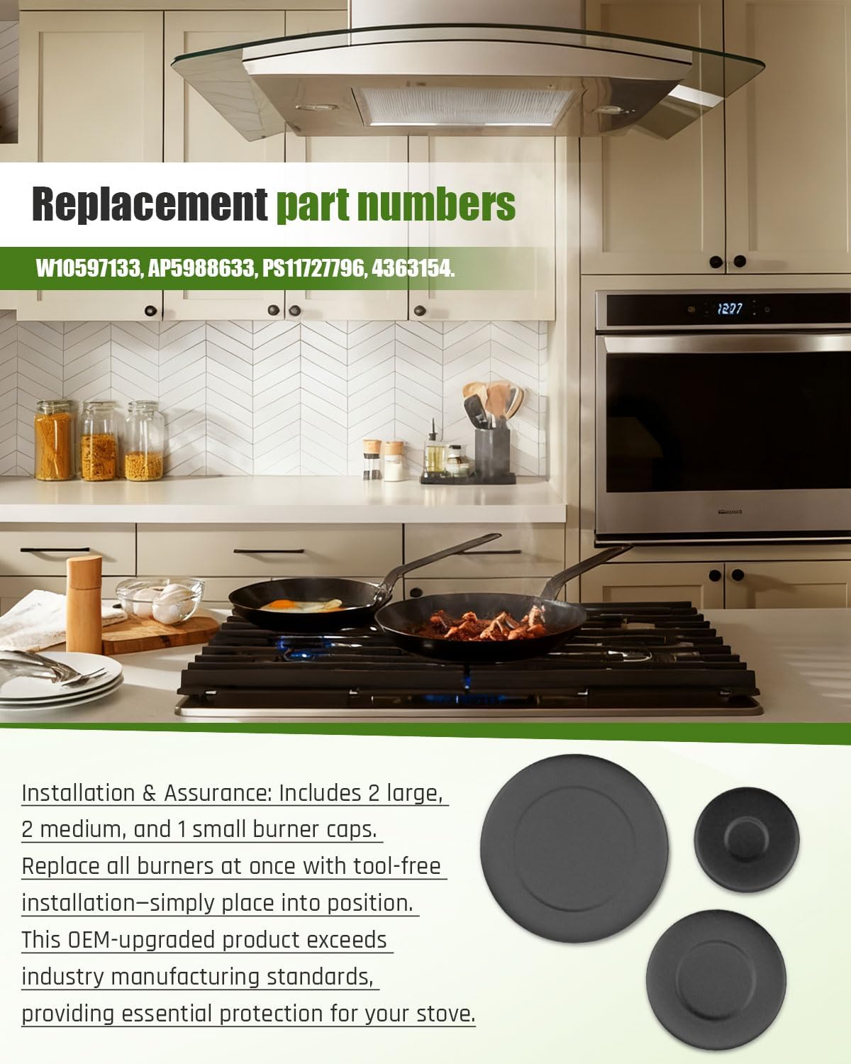 W10832694 Gas Stove Burner Cap Set Fit for Whirlpool Range Stove Burner, Replace W10597133 AP5988633 PS11727796 4363154, 5 Pcs
