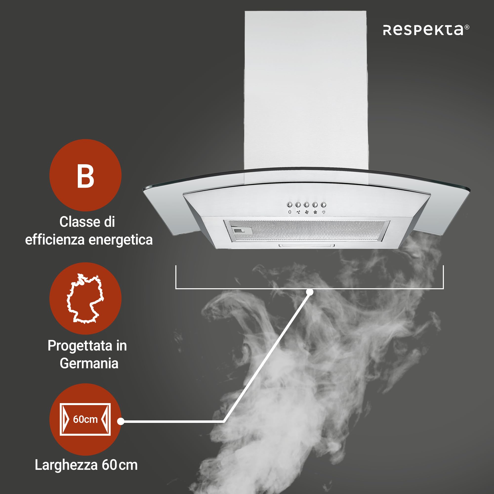 Respekta Cappa aspirante/cappa a parete 60 cm/struttura in acciaio inox con pannello copriluce in vetro/funzione di espulsione e ricircolo dell'aria / CH0160IXB / B / 58-62 dB