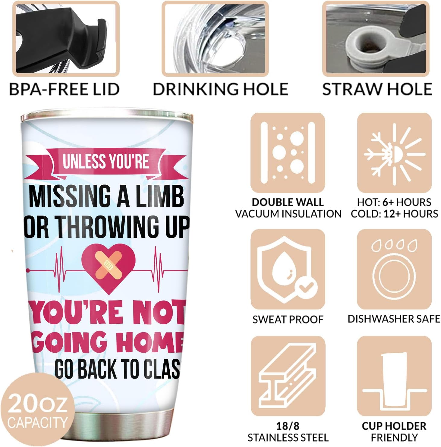 School Nurse Tumbler Stainless Steel 20oz with Straw Lid, School Nurse Appreciation Gifts Bulk For Women Birthday Christmas, Funny Coffee Cup for Work - Image 3