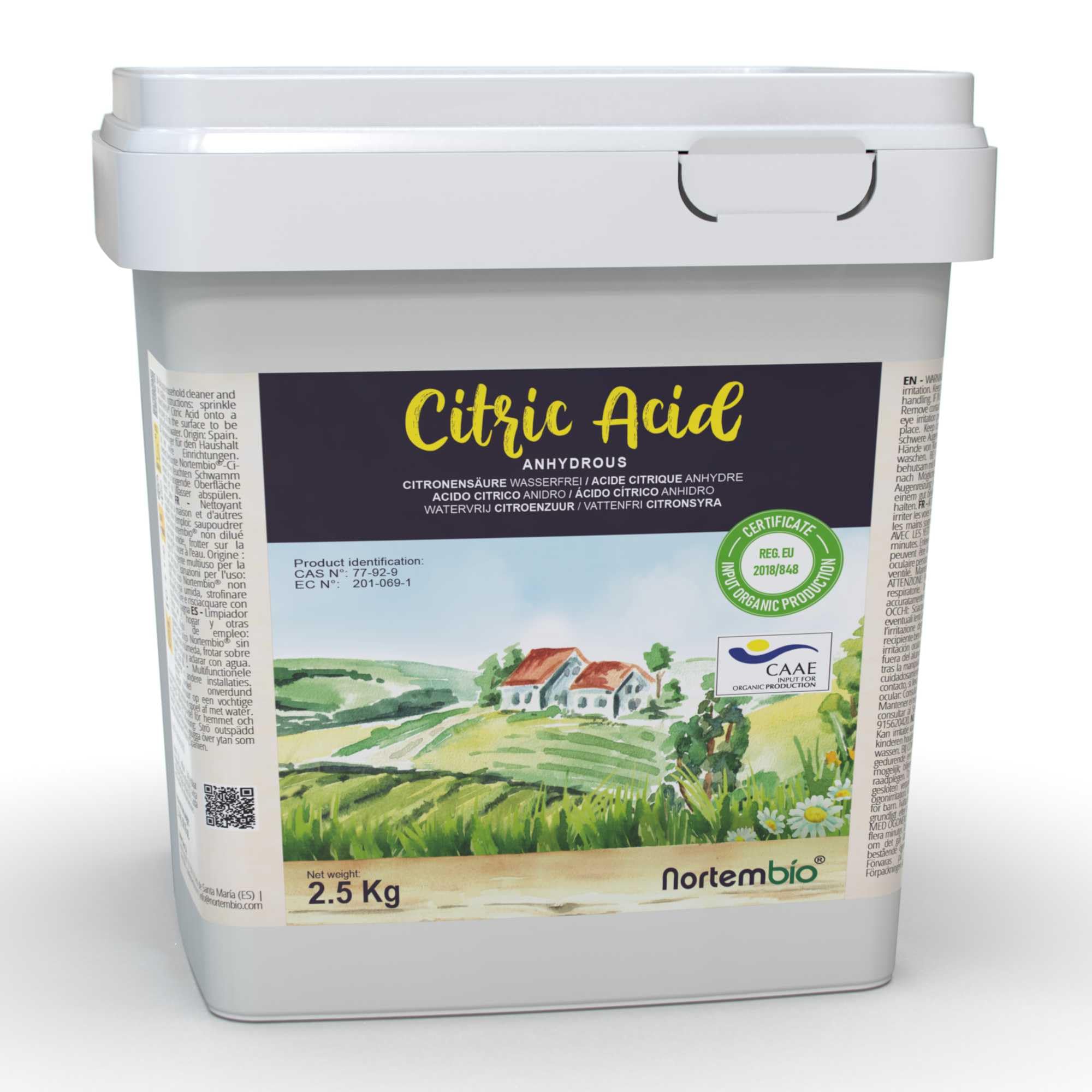 Nortembio Acido Citrico Ecologico 2,5 kg – Acido Citrico Anidro Concentrato 100% Puro Certificato – Materia Prima per Produzione Biologica – Pulizia Domestica Multiuso – Senza OGM – E-Book Incluso
