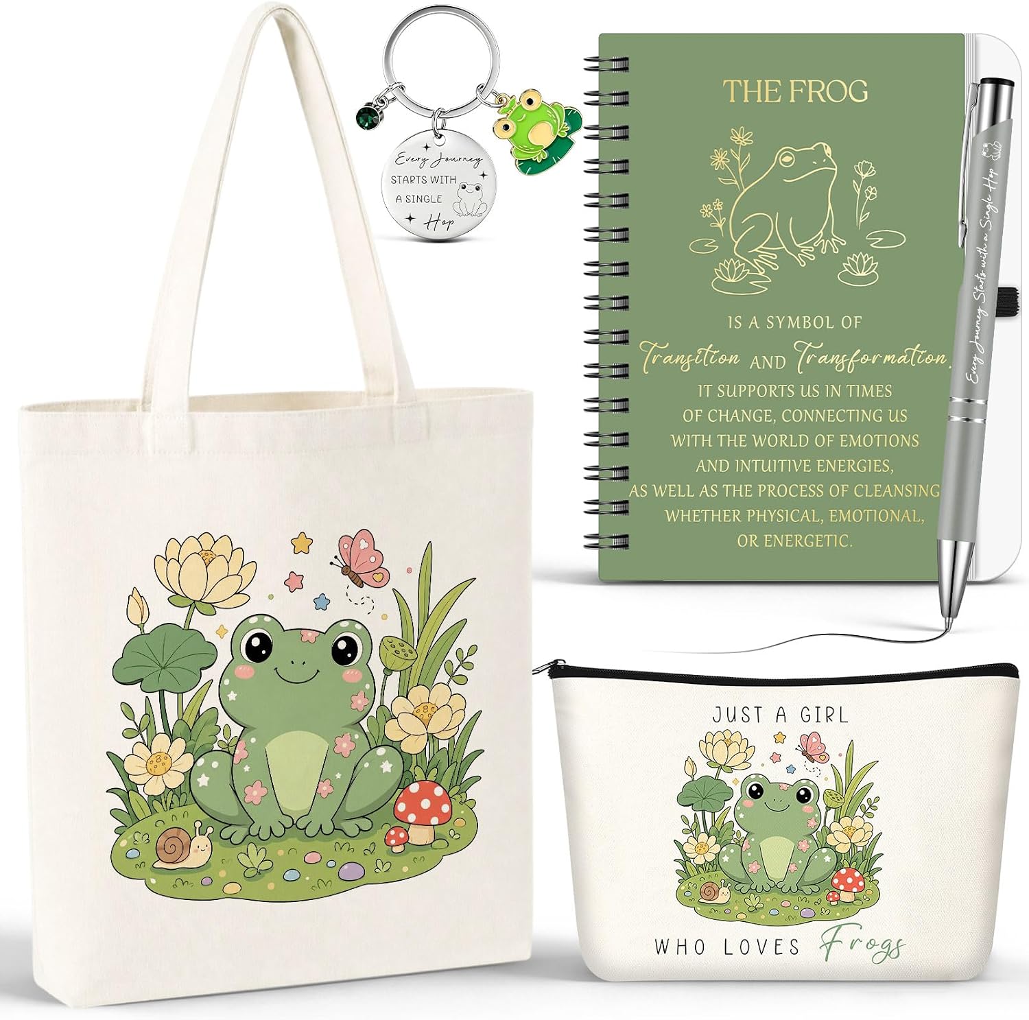 Kosiz 5 Pcs Frog Gifts for Women, Cosmetic Bag, Canvas Bag, Coil Notebook, Ballpoint Pen and Keychain Inspirational Gift for Mom Teacher Office School Graduation Coworker